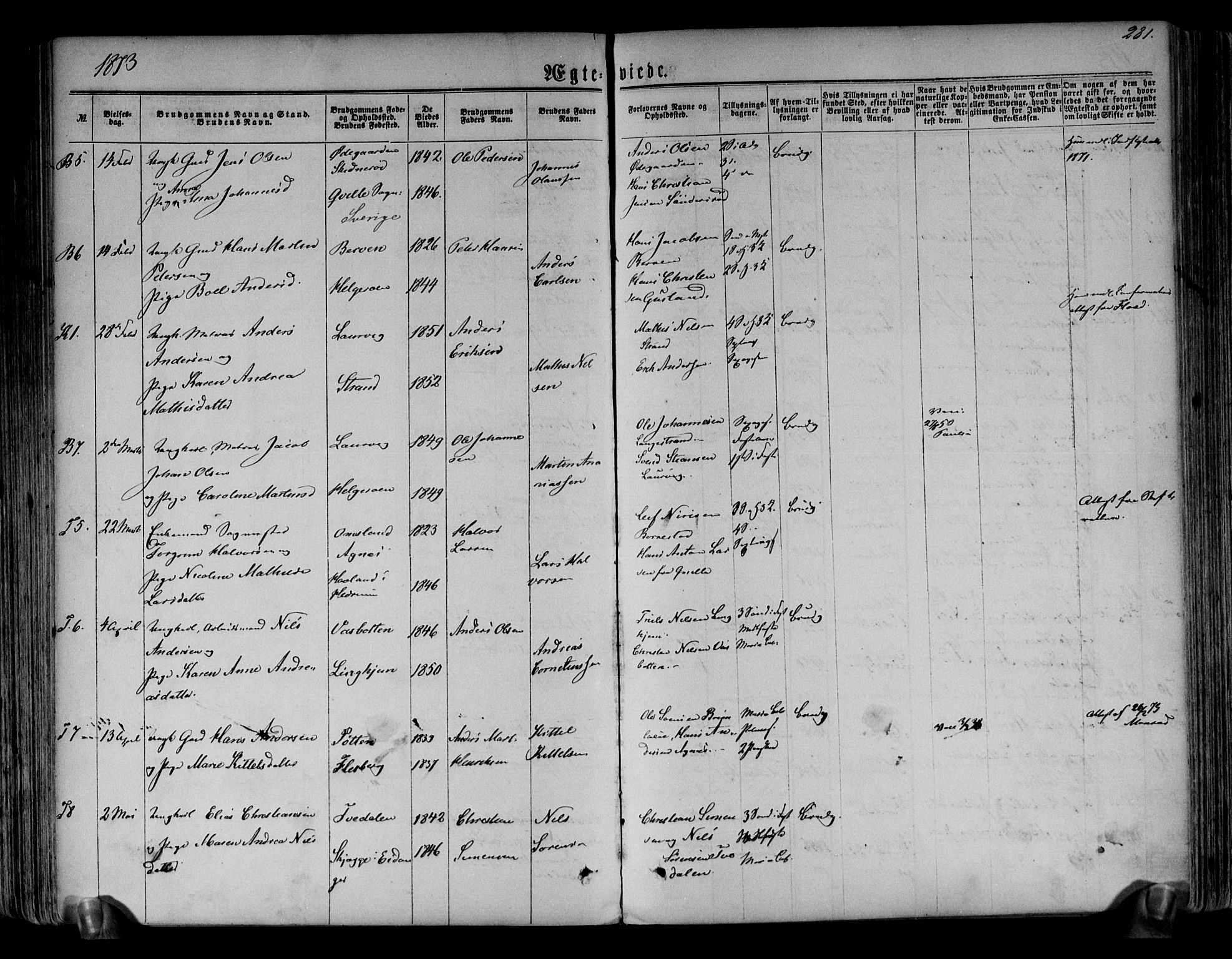 Brunlanes kirkebøker, AV/SAKO-A-342/F/Fa/L0005: Parish register (official) no. I 5, 1862-1877, p. 281