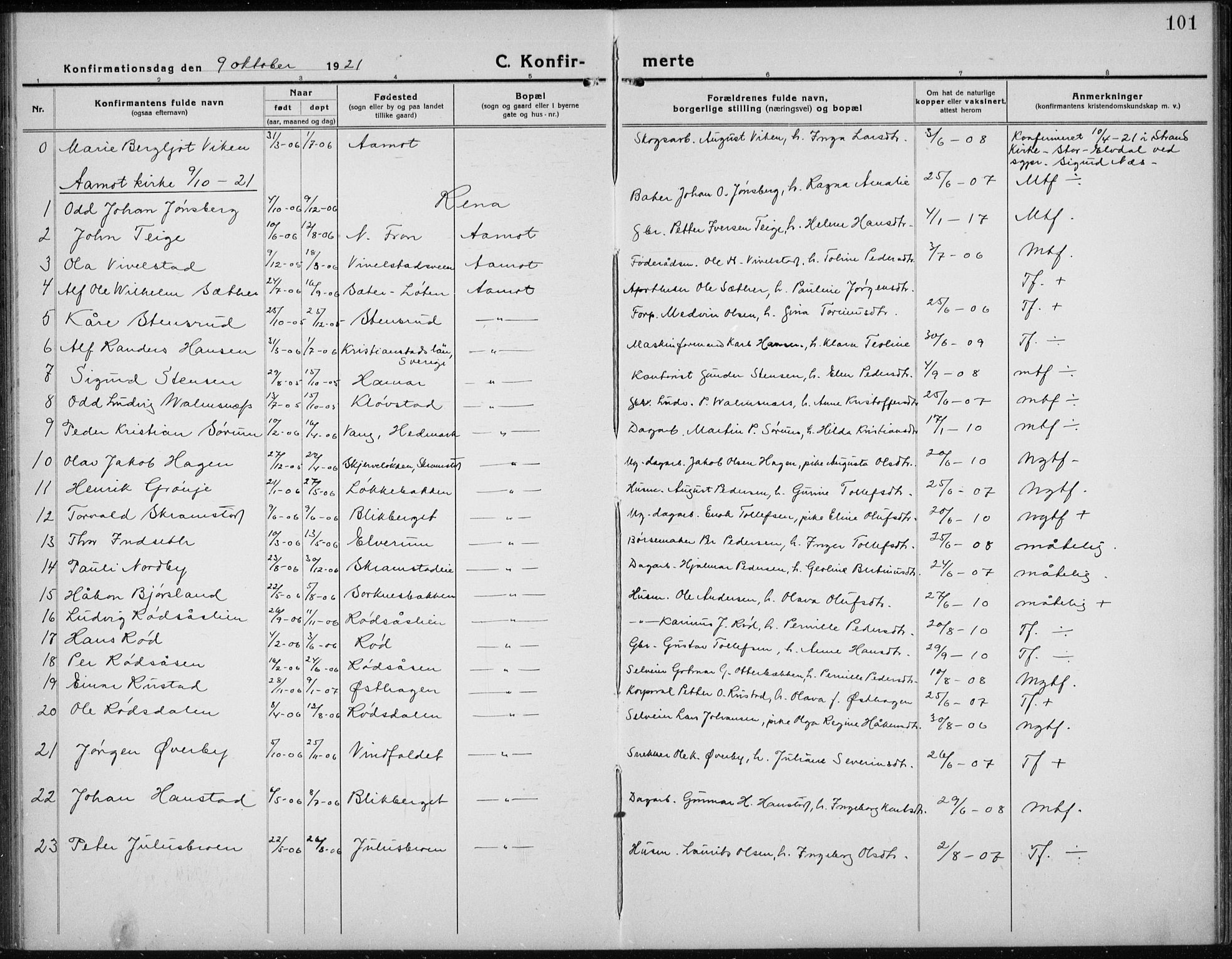 Åmot prestekontor, Hedmark, AV/SAH-PREST-056/H/Ha/Hab/L0005: Parish register (copy) no. 5, 1921-1934, p. 101