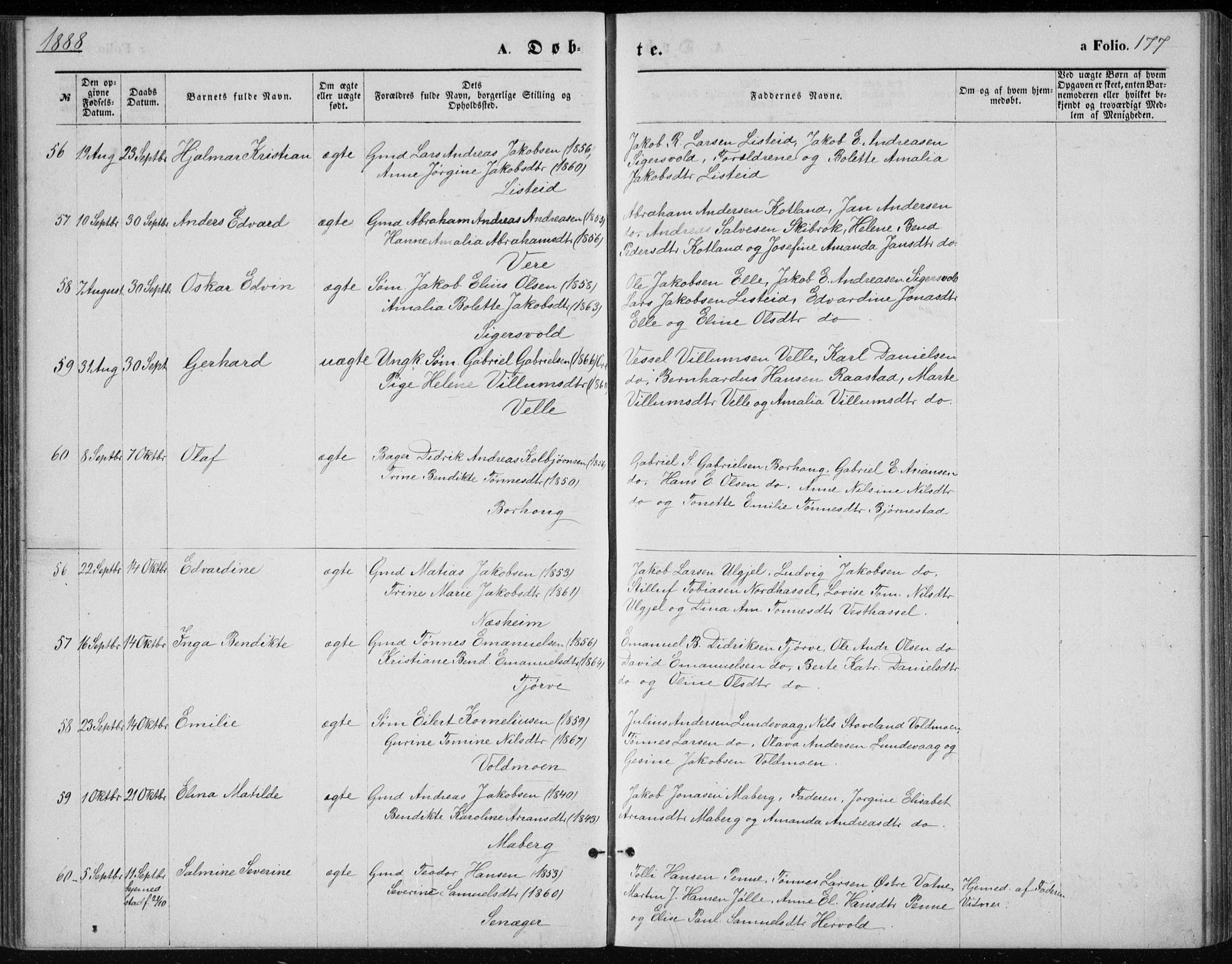 Lista sokneprestkontor, AV/SAK-1111-0027/F/Fb/L0004: Parish register (copy) no. B 4, 1877-1891, p. 177