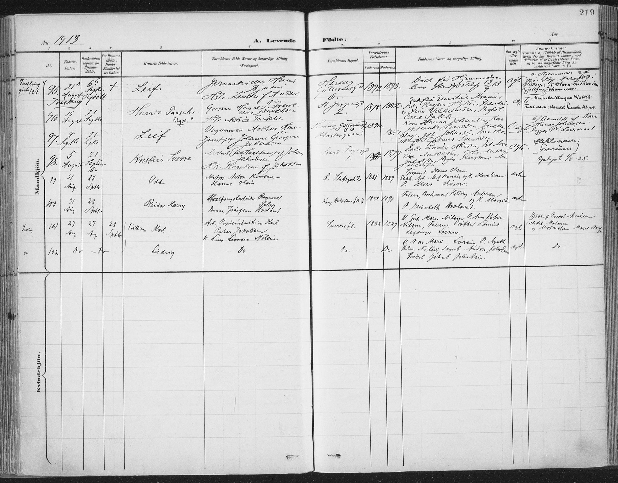 Tønsberg kirkebøker, AV/SAKO-A-330/F/Fa/L0014: Parish register (official) no. I 14, 1900-1913, p. 219