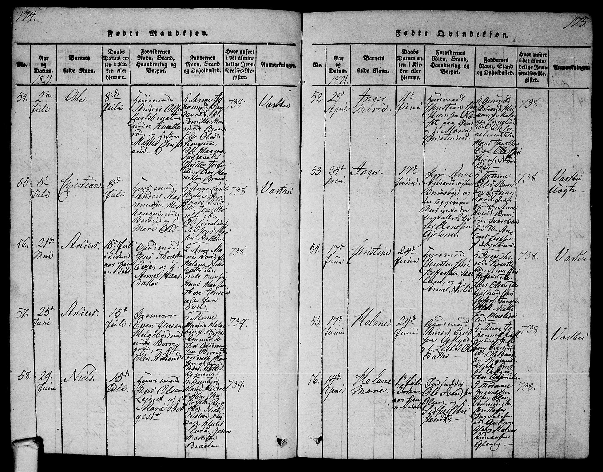 Tune prestekontor Kirkebøker, AV/SAO-A-2007/G/Ga/L0001: Parish register (copy) no. I 1, 1815-1822, p. 174-175