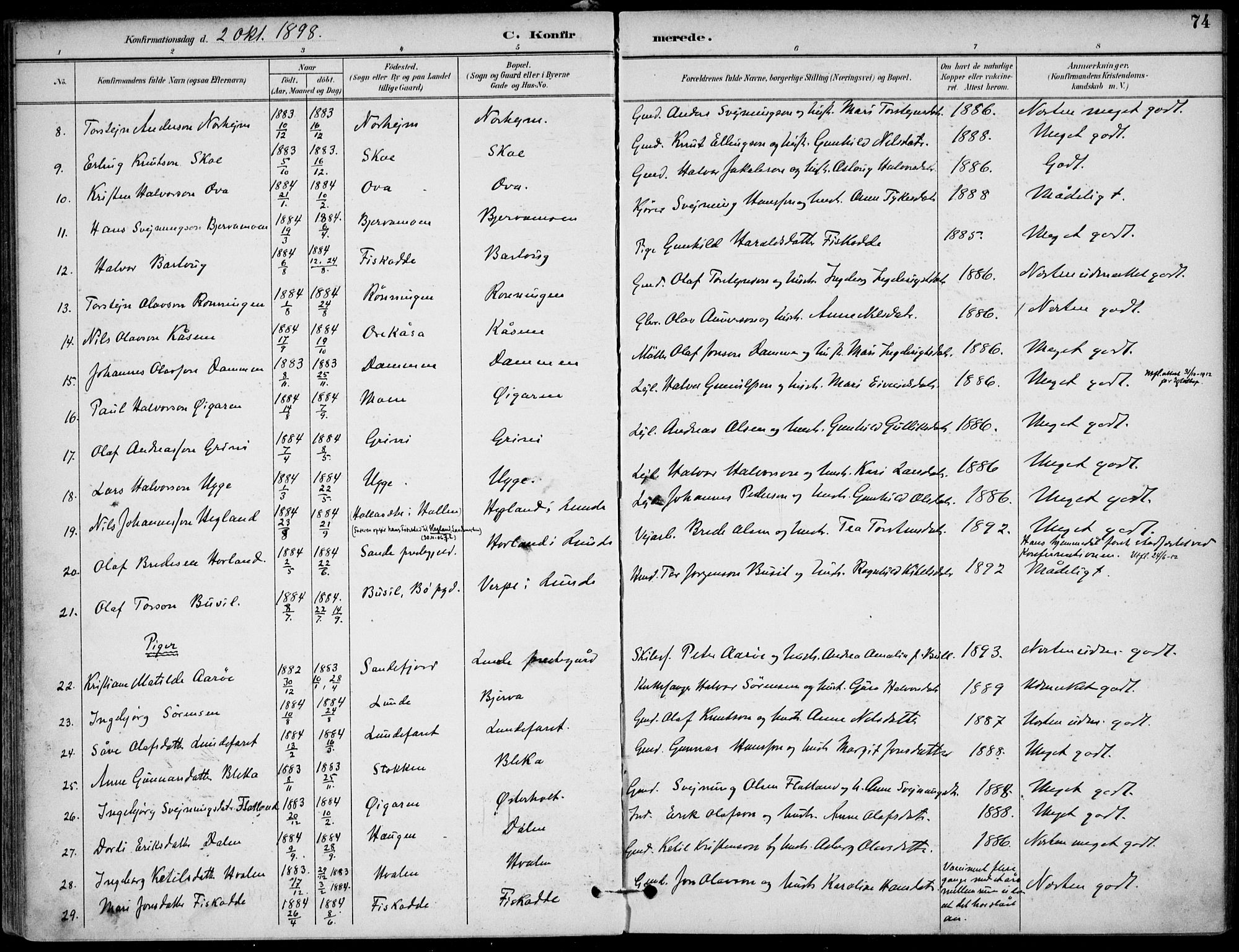 Lunde kirkebøker, AV/SAKO-A-282/F/Fa/L0003: Parish register (official) no. I 3, 1893-1902, p. 74