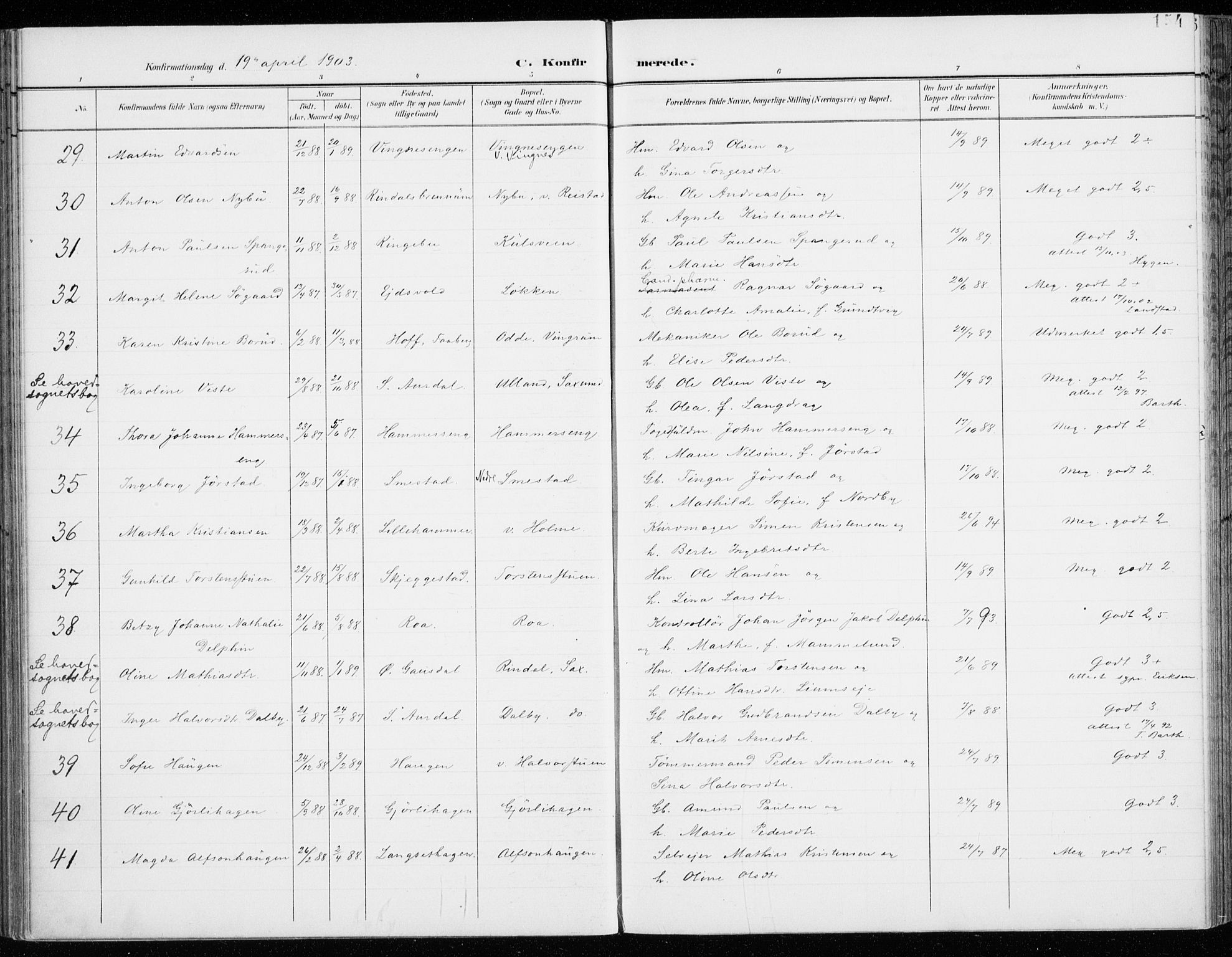 Fåberg prestekontor, AV/SAH-PREST-086/H/Ha/Haa/L0011: Parish register (official) no. 11, 1899-1913, p. 154