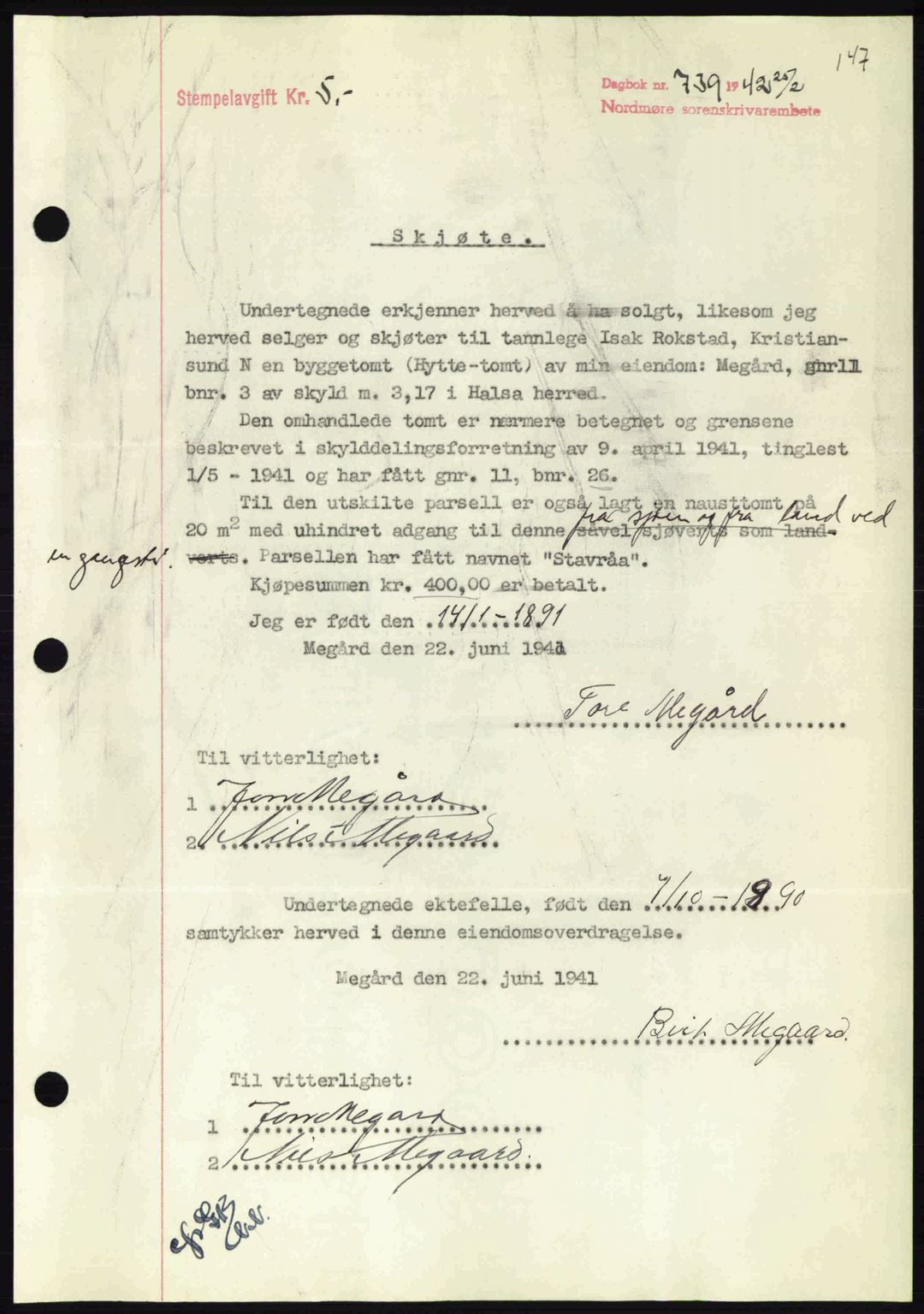 Nordmøre sorenskriveri, AV/SAT-A-4132/1/2/2Ca: Mortgage book no. A92, 1942-1942, Diary no: : 739/1942