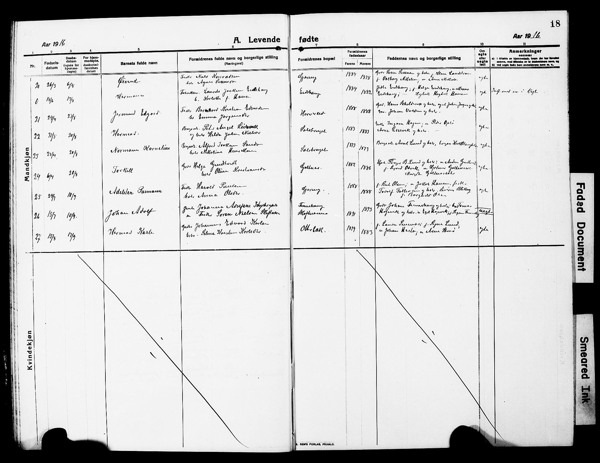 Ministerialprotokoller, klokkerbøker og fødselsregistre - Nord-Trøndelag, AV/SAT-A-1458/780/L0653: Parish register (copy) no. 780C05, 1911-1927, p. 18