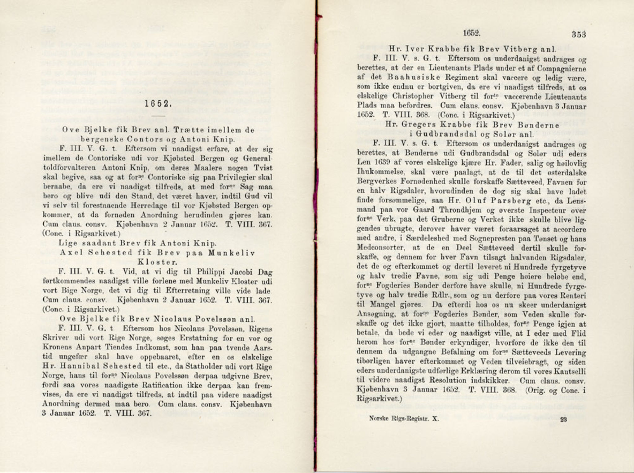 Publikasjoner utgitt av Det Norske Historiske Kildeskriftfond, PUBL/-/-/-: Norske Rigs-Registranter, bind 10, 1650-1653, p. 352-353