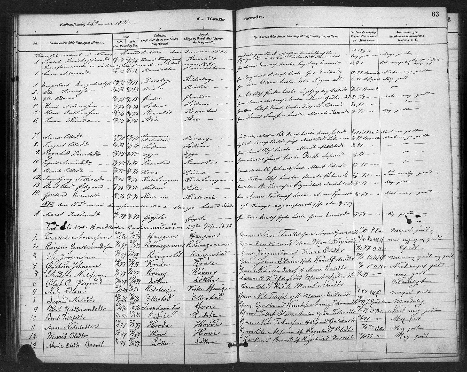 Vestre Slidre prestekontor, SAH/PREST-136/H/Ha/Hab/L0006: Parish register (copy) no. 6, 1881-1915, p. 63
