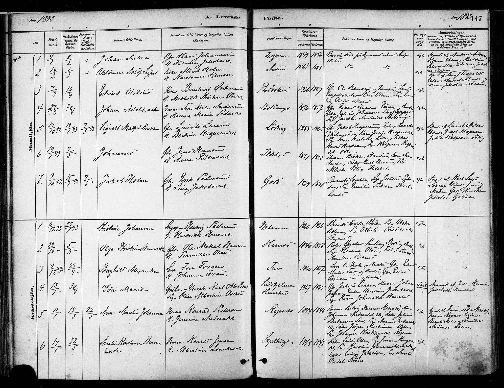 Ministerialprotokoller, klokkerbøker og fødselsregistre - Nordland, SAT/A-1459/802/L0054: Parish register (official) no. 802A01, 1879-1893, p. 147
