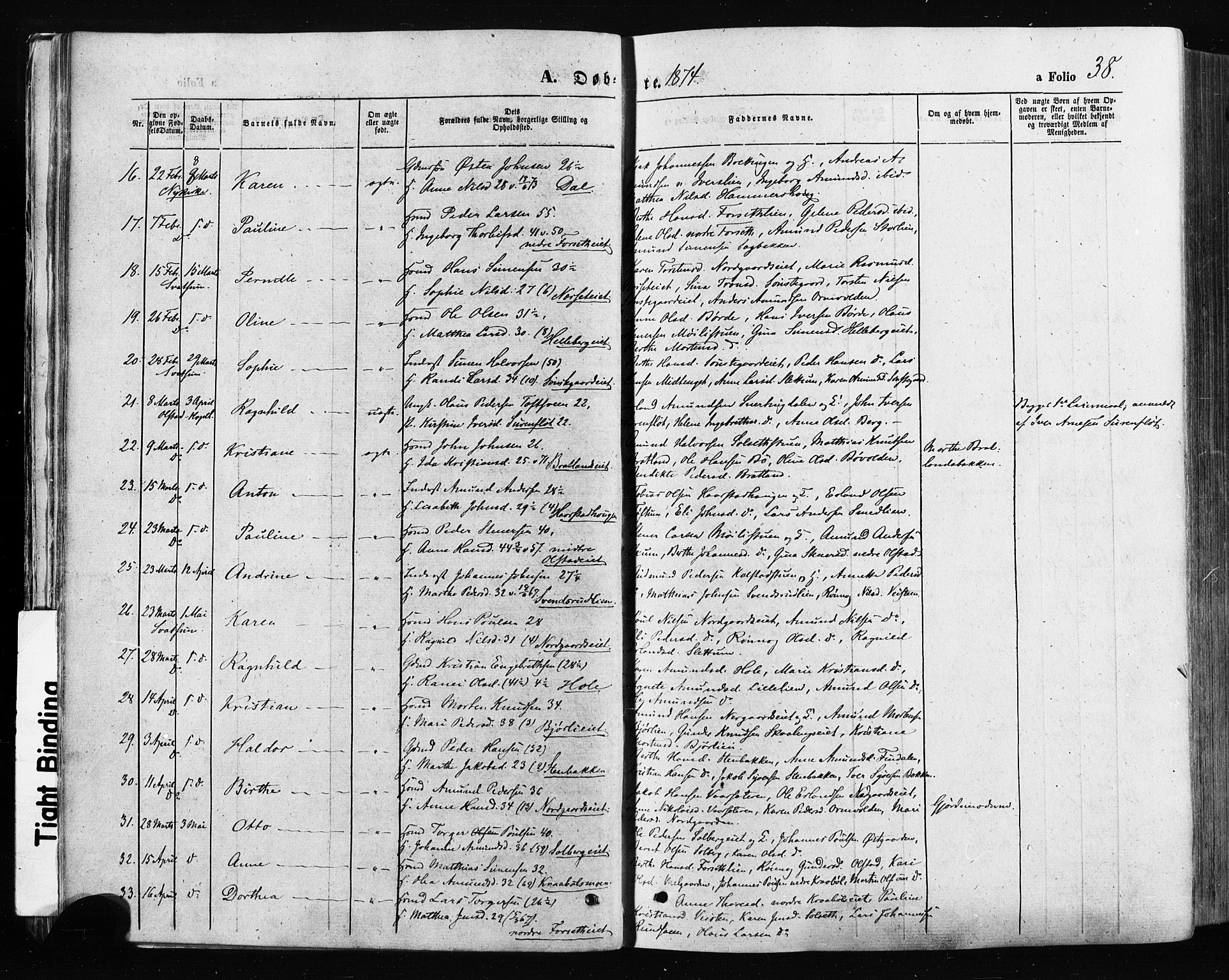 Gausdal prestekontor, SAH/PREST-090/H/Ha/Haa/L0010: Parish register (official) no. 10, 1867-1886, p. 38