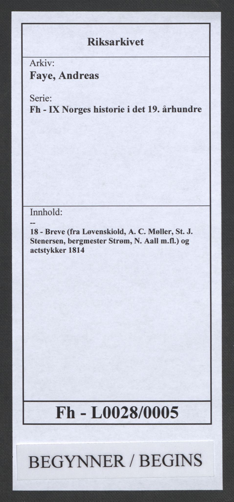 Faye, Andreas, RA/PA-0015/F/Fh/L0028/0005: -- / Breve (fra Løvenskiold, A. C. Møller, St. J. Stenersen, bergmester Strøm, N. Aall m.fl.) og actstykker 1814, p. 1