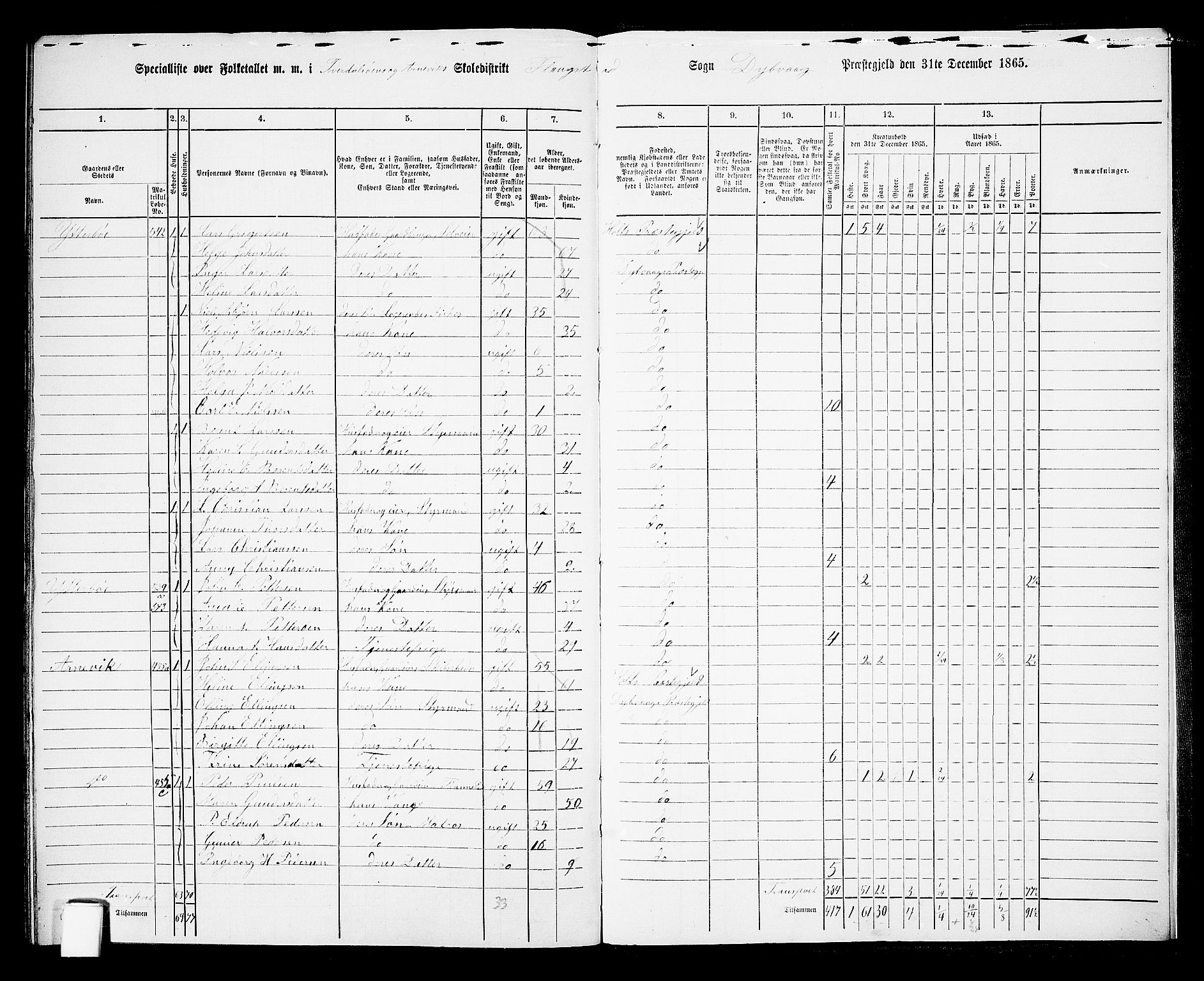 RA, 1865 census for Dypvåg, 1865, p. 172