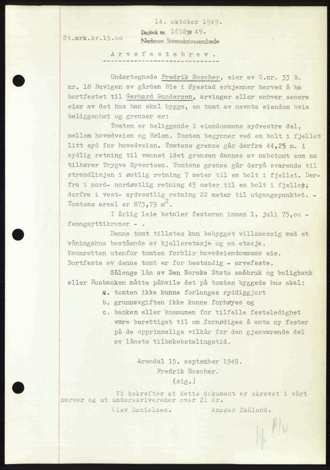 Nedenes sorenskriveri, SAK/1221-0006/G/Gb/Gba/L0061: Mortgage book no. A13, 1949-1949, Diary no: : 1632/1949