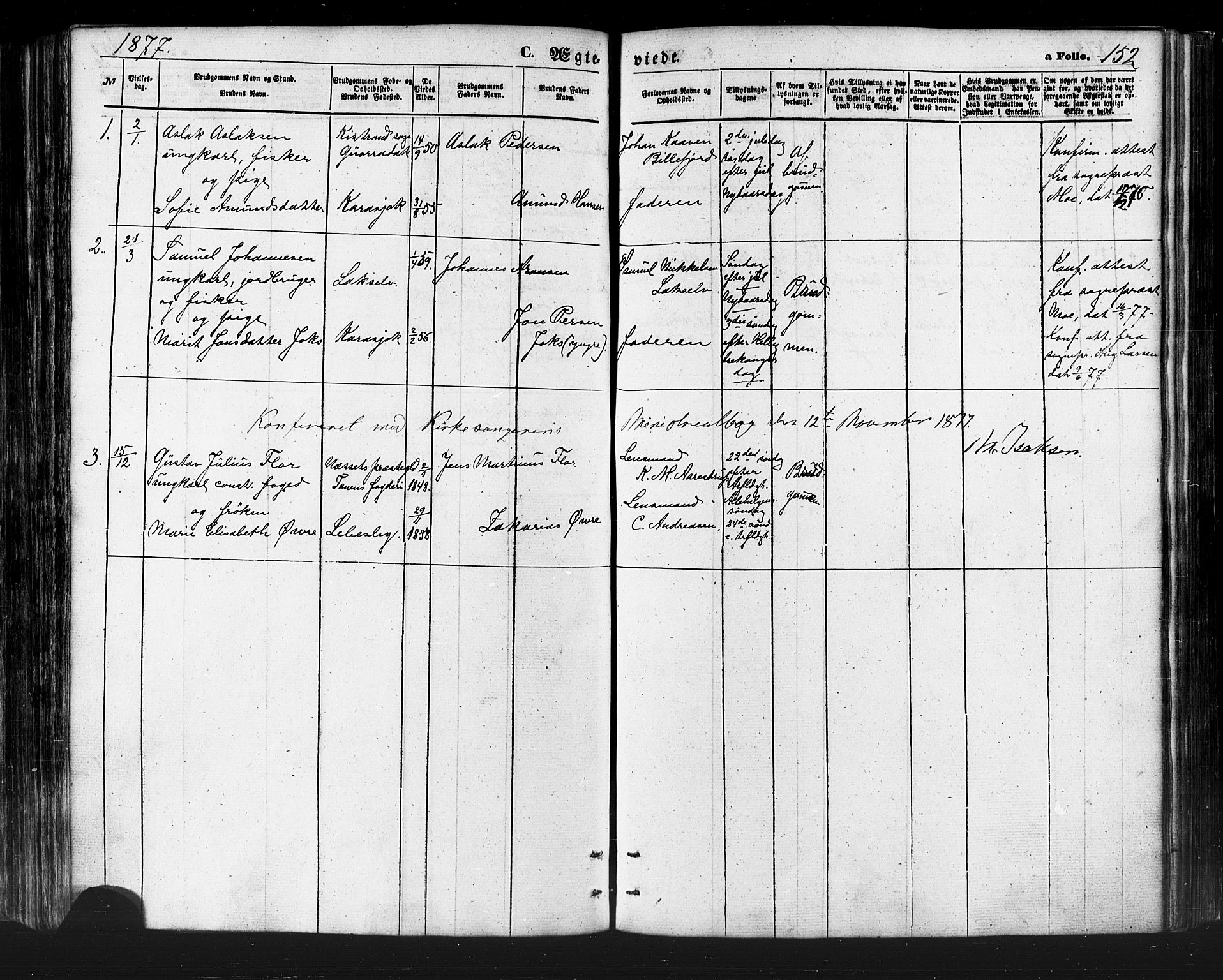 Karasjok sokneprestkontor, SATØ/S-1352/H/Ha/L0001kirke: Parish register (official) no. 1, 1872-1884, p. 152