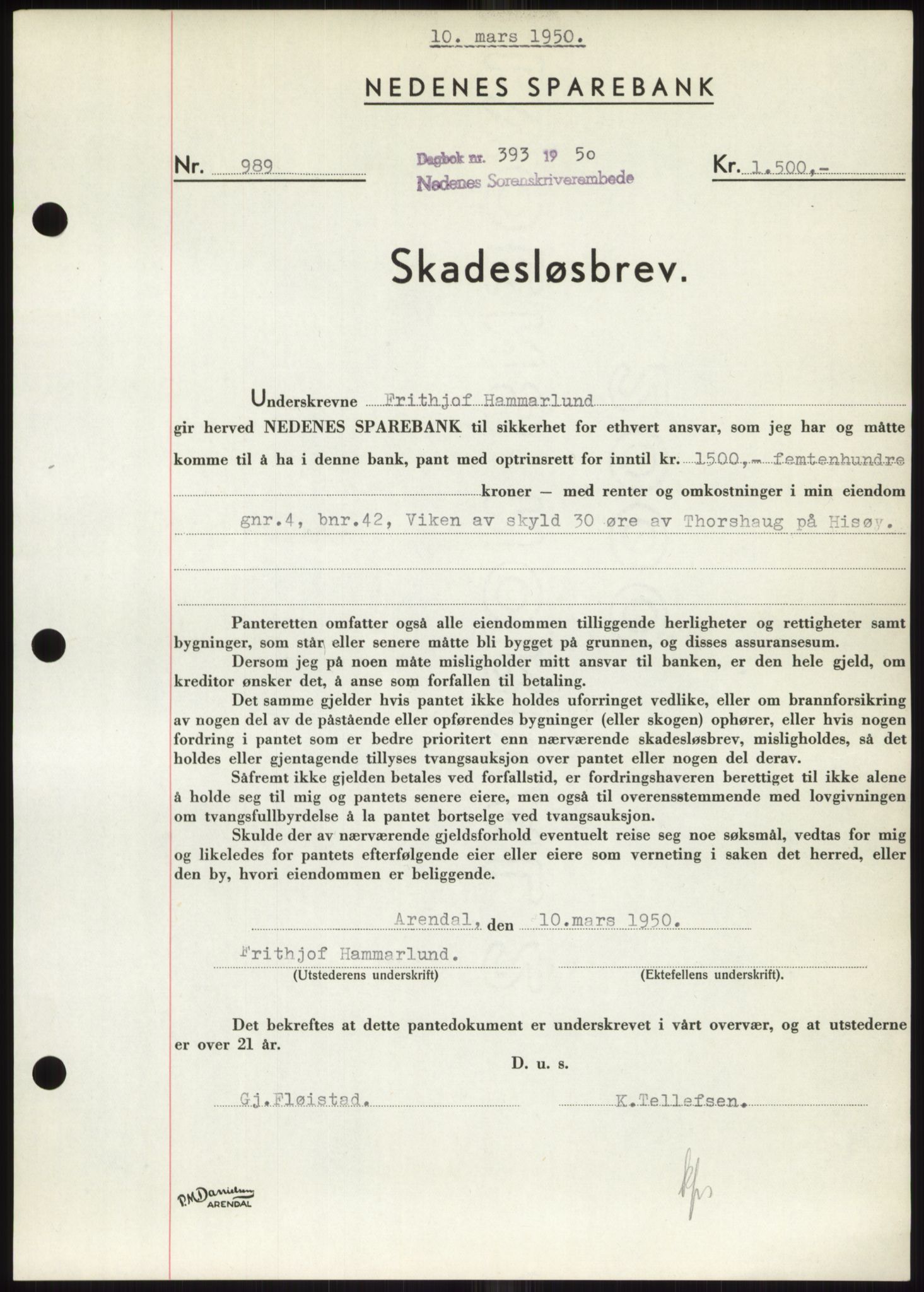 Nedenes sorenskriveri, AV/SAK-1221-0006/G/Gb/Gbb/L0007: Mortgage book no. B7, 1949-1950, Diary no: : 393/1950