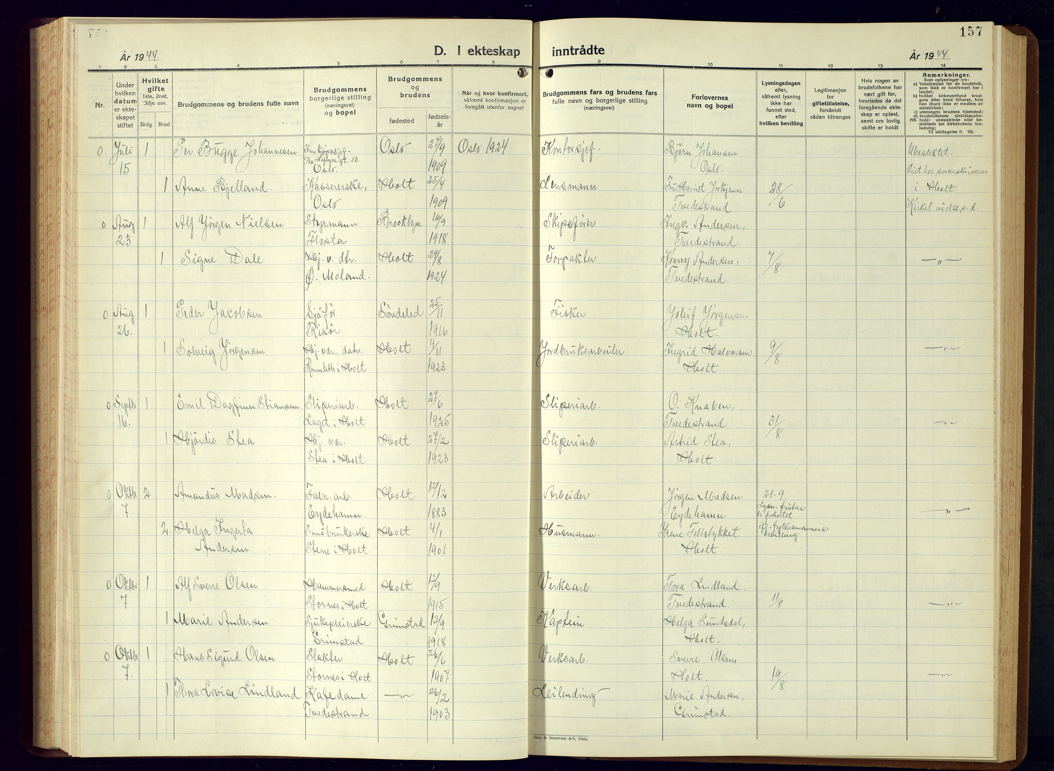 Holt sokneprestkontor, AV/SAK-1111-0021/F/Fb/L0013: Parish register (copy) no. B-13, 1940-1958, p. 157