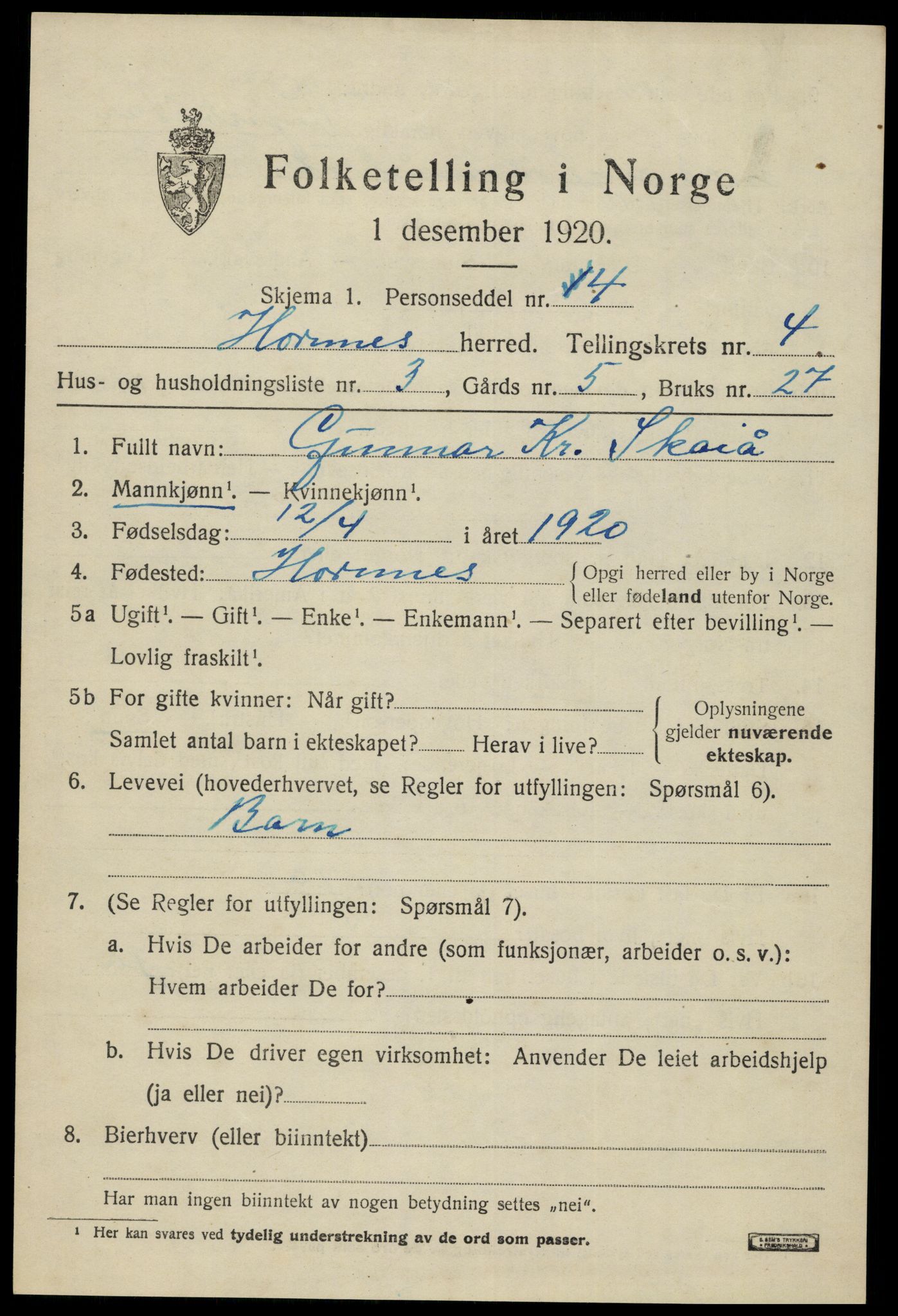 SAK, 1920 census for Hornnes, 1920, p. 1163