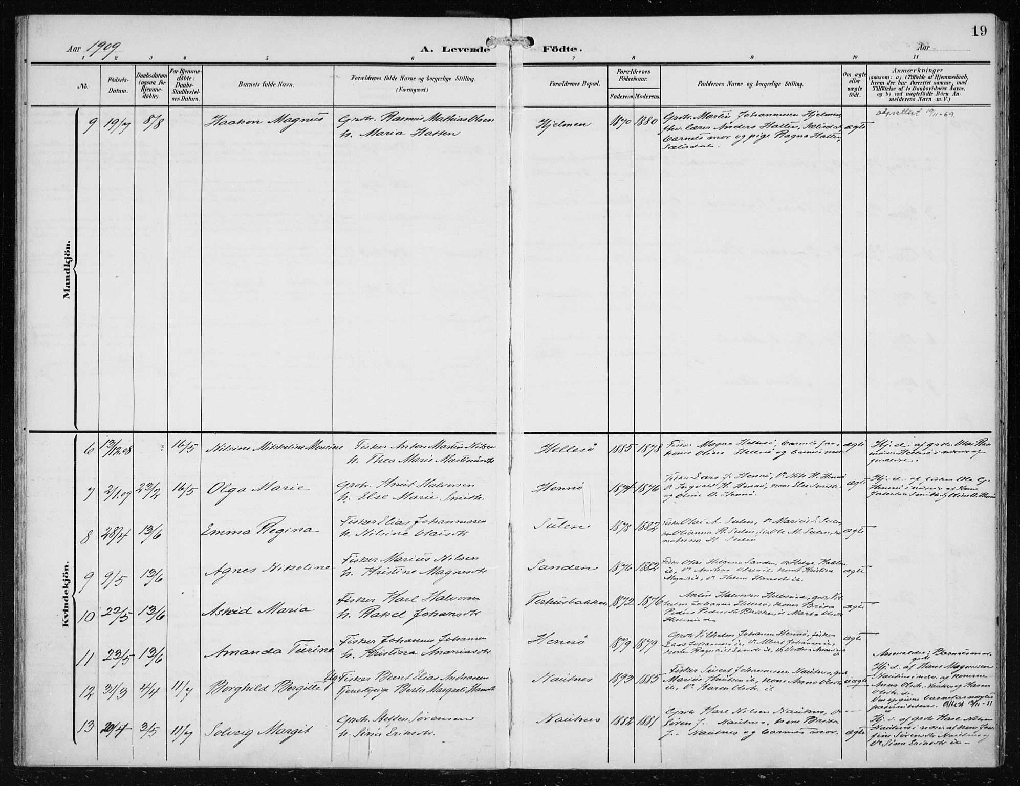 Herdla Sokneprestembete, AV/SAB-A-75701/H/Haa: Parish register (official) no. B 1, 1902-1921, p. 19