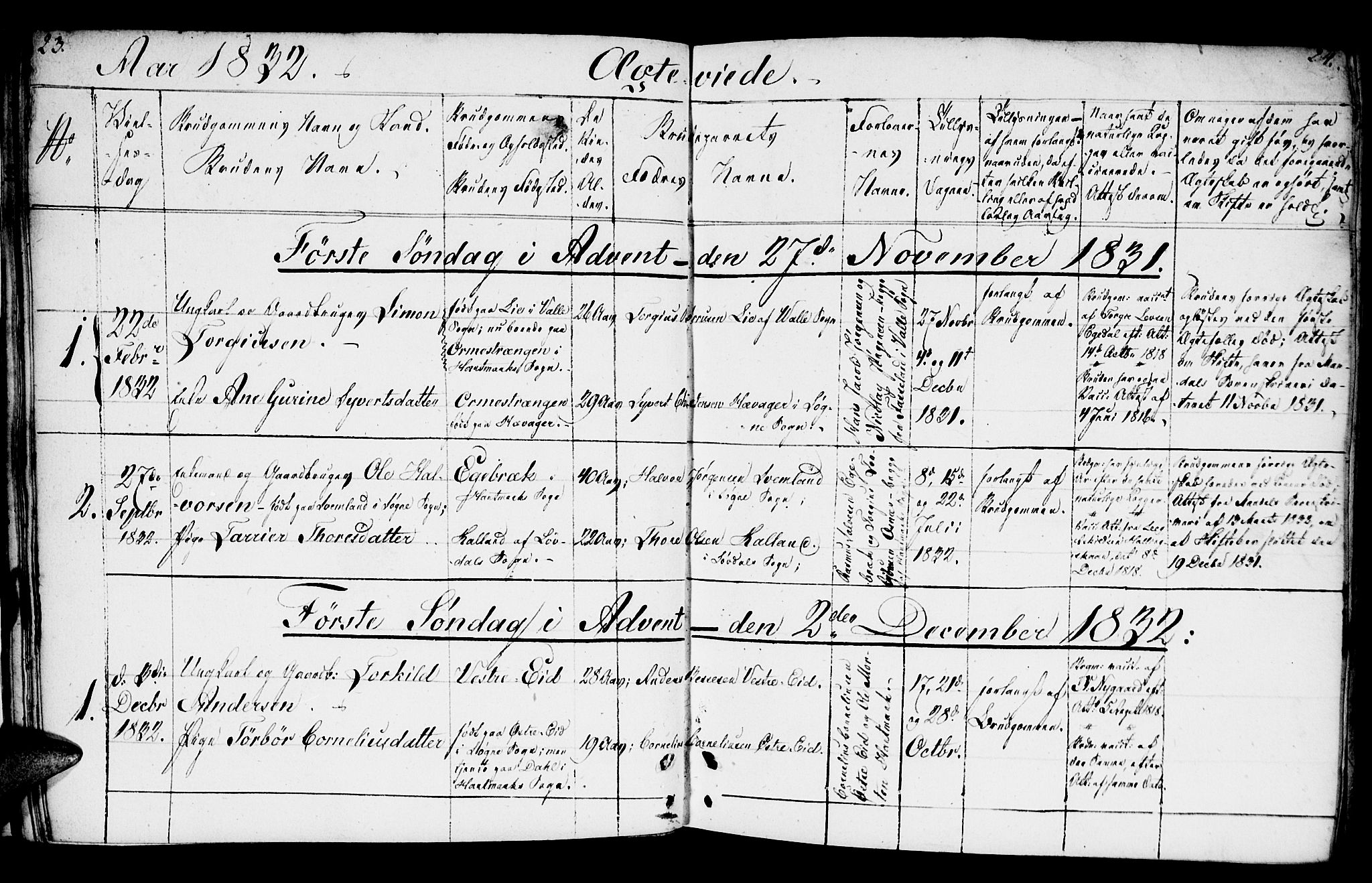 Mandal sokneprestkontor, AV/SAK-1111-0030/F/Fb/Fbb/L0002: Parish register (copy) no. B 2, 1802-1846, p. 23-24