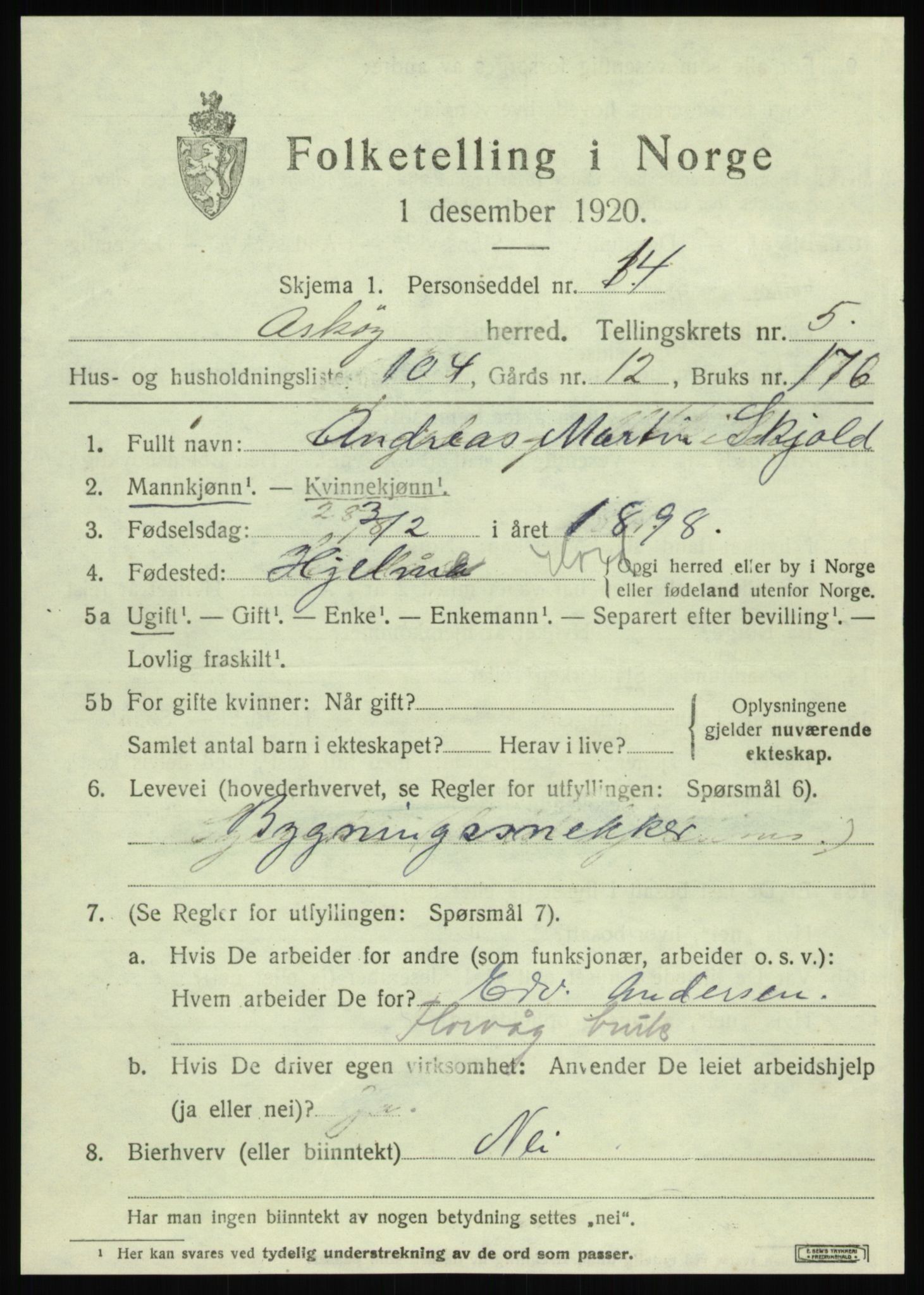 SAB, 1920 census for Askøy, 1920, p. 10100