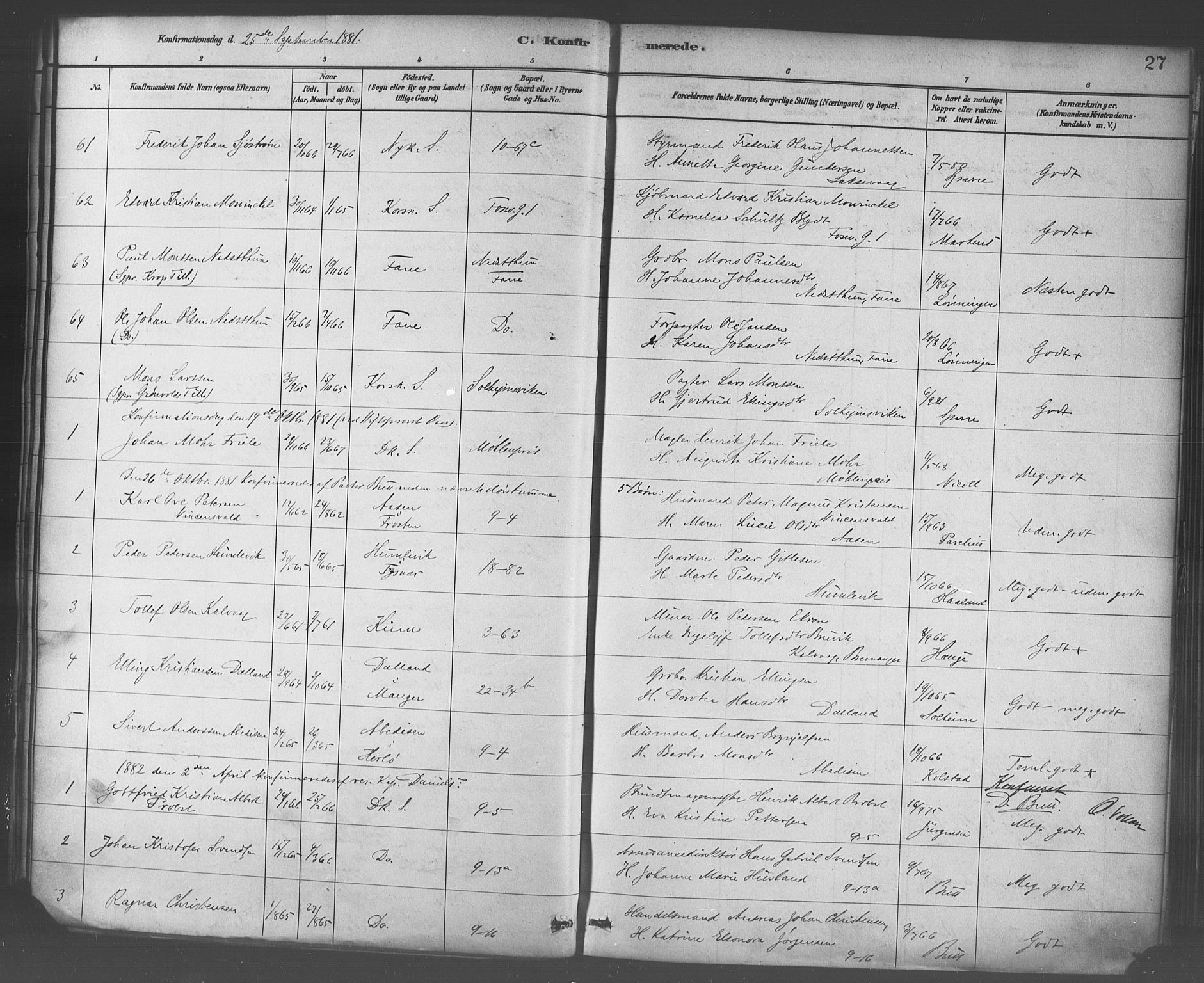 Domkirken sokneprestembete, SAB/A-74801/H/Haa/L0030: Parish register (official) no. C 5, 1880-1898, p. 27