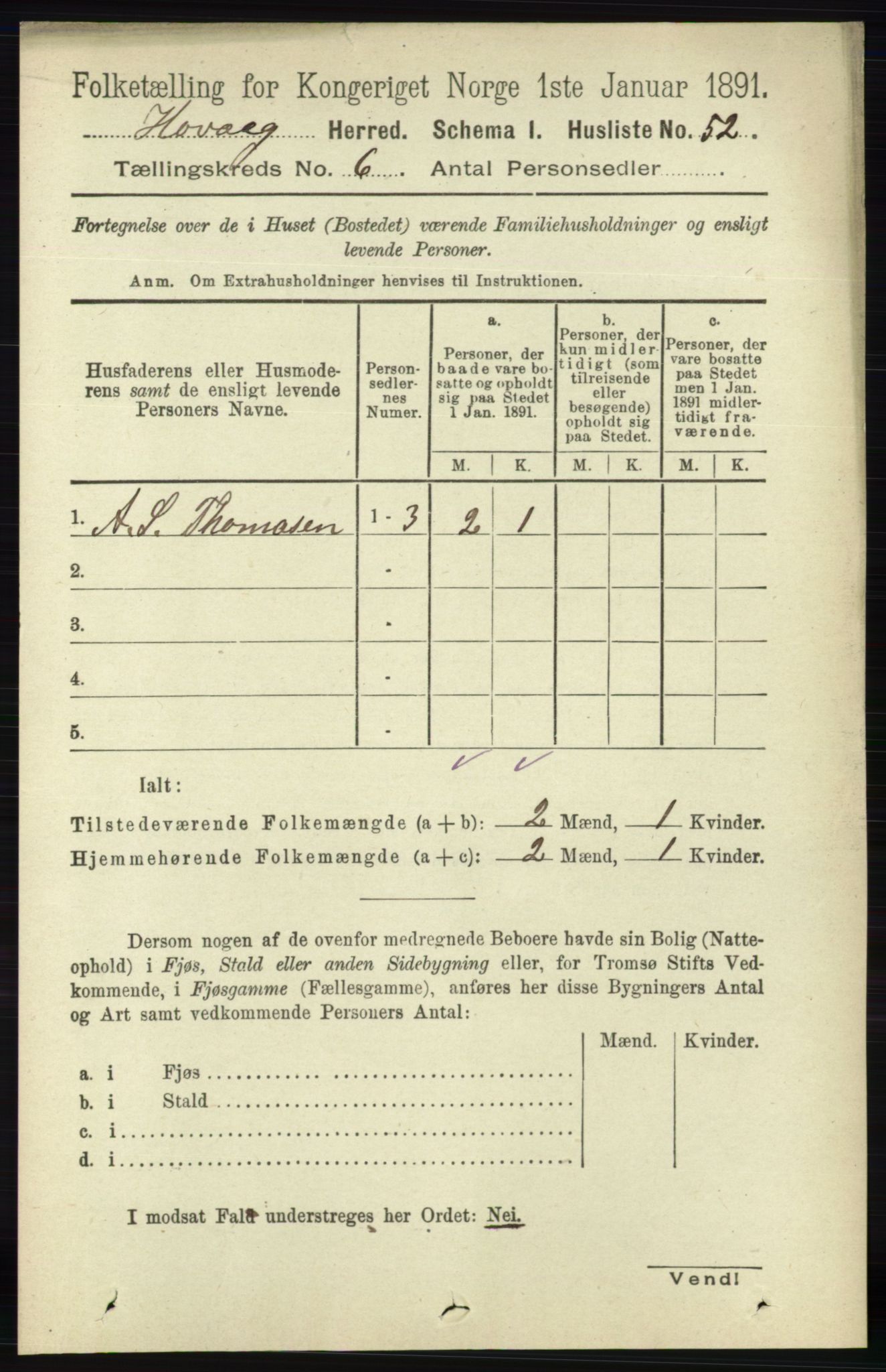 RA, 1891 census for 0927 Høvåg, 1891, p. 2210