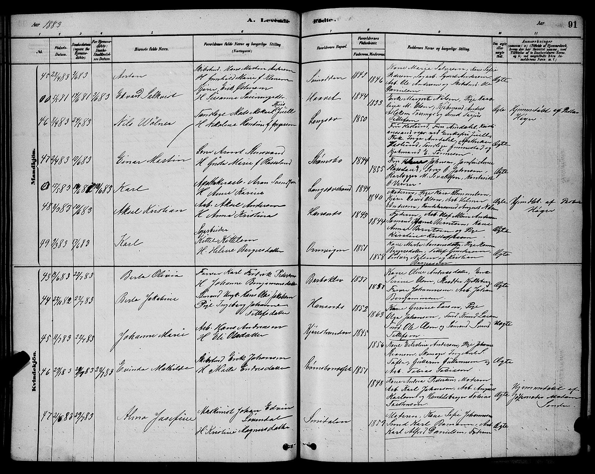 Barbu sokneprestkontor, AV/SAK-1111-0003/F/Fb/L0001: Parish register (copy) no. B 1, 1878-1890, p. 91