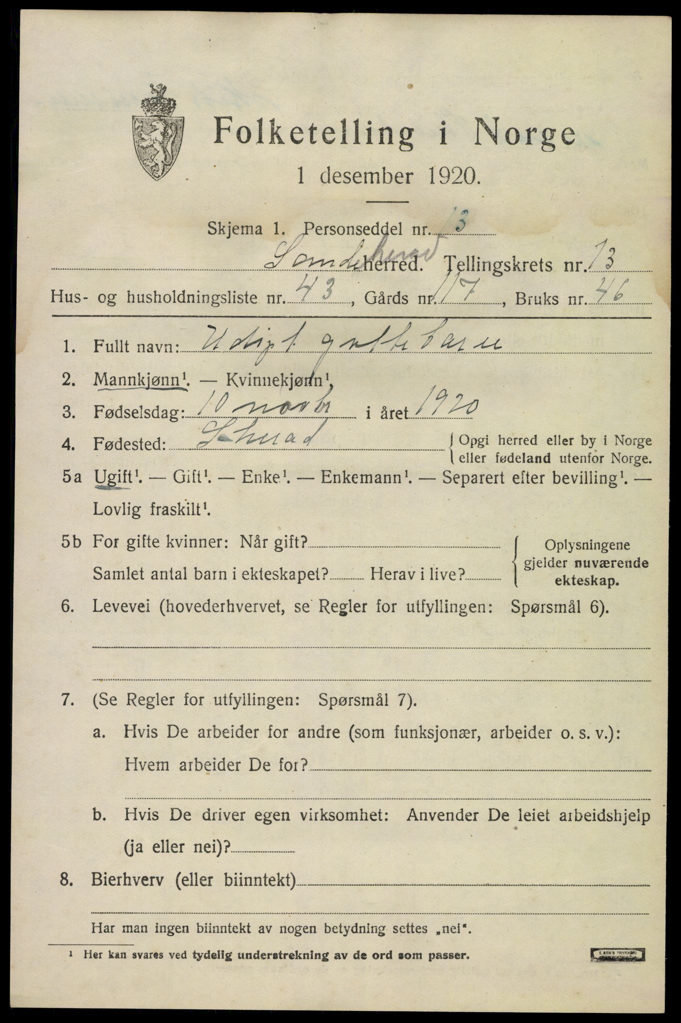 SAKO, 1920 census for Sandeherred, 1920, p. 19832