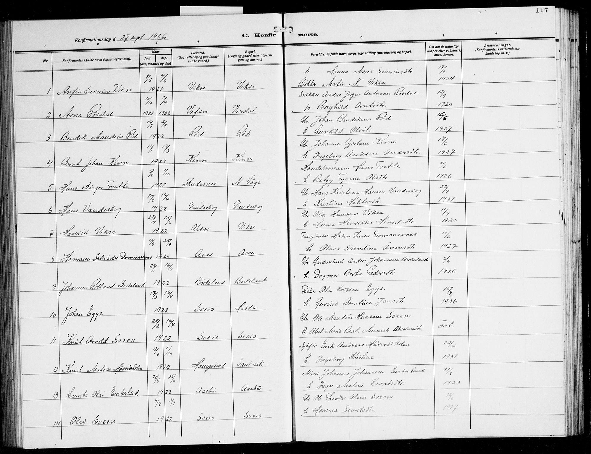 Sveio Sokneprestembete, AV/SAB-A-78501/H/Hab: Parish register (copy) no. A 6, 1927-1945, p. 117