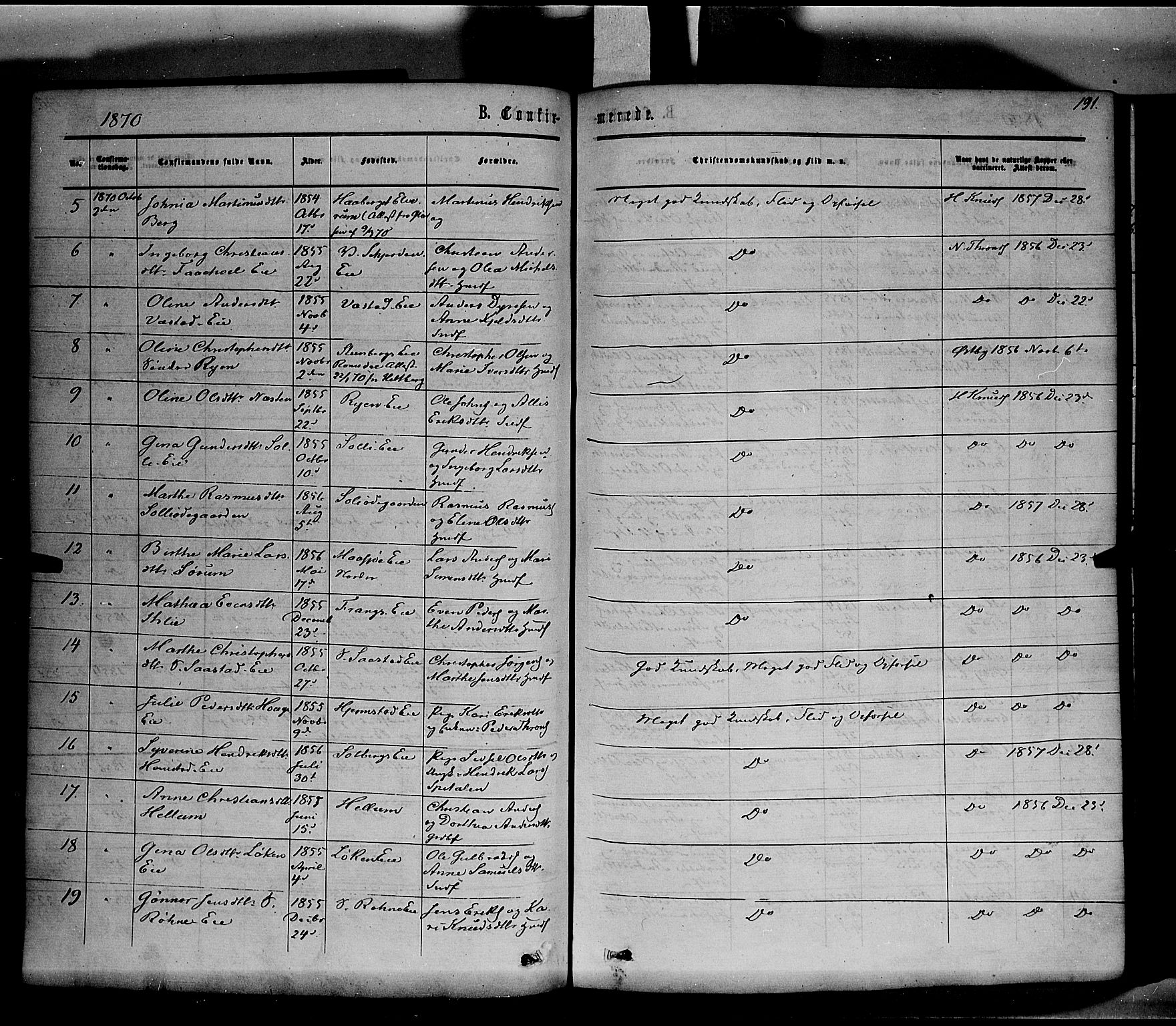 Stange prestekontor, SAH/PREST-002/K/L0013: Parish register (official) no. 13, 1862-1879, p. 191