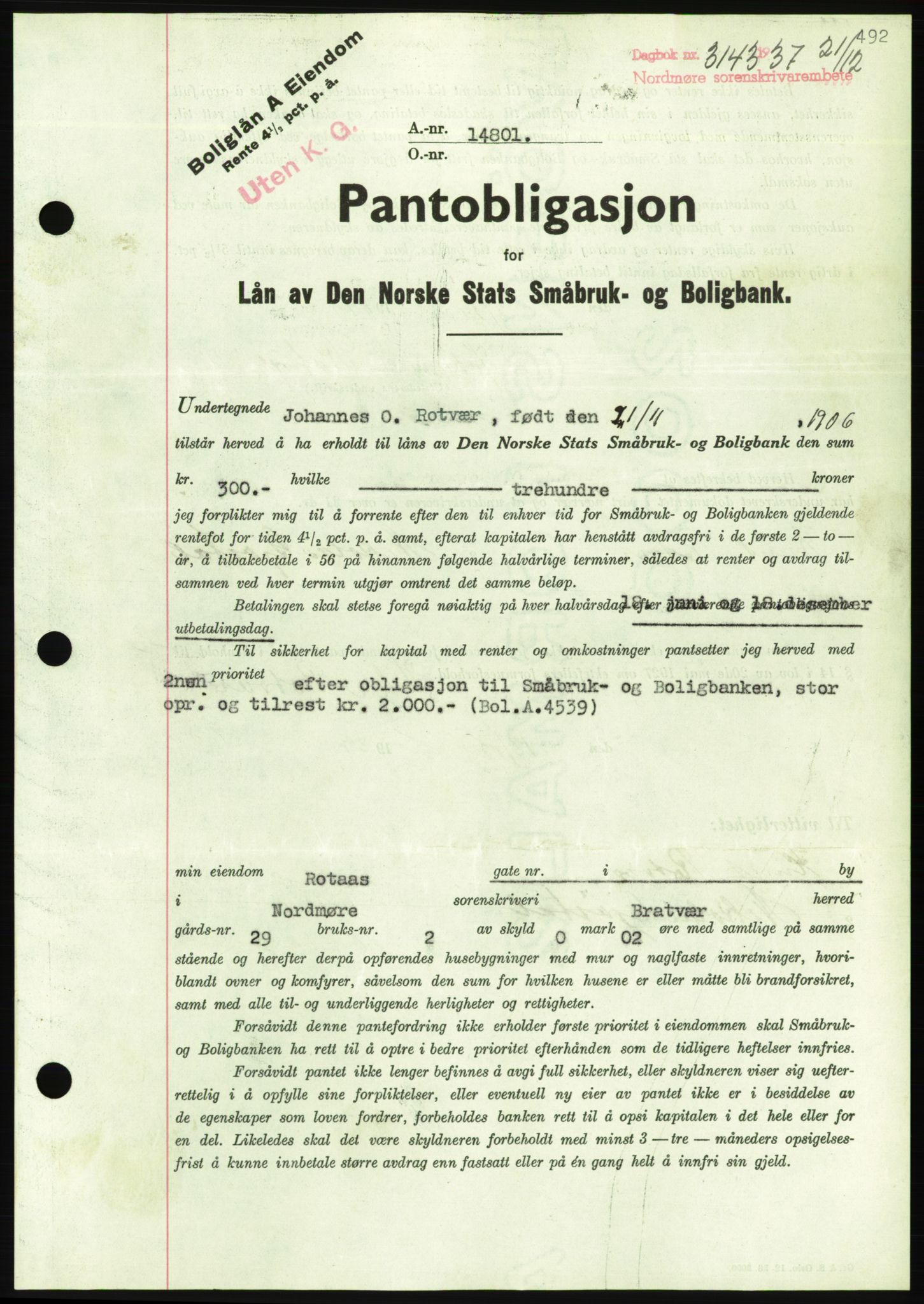 Nordmøre sorenskriveri, AV/SAT-A-4132/1/2/2Ca/L0092: Mortgage book no. B82, 1937-1938, Diary no: : 3143/1937