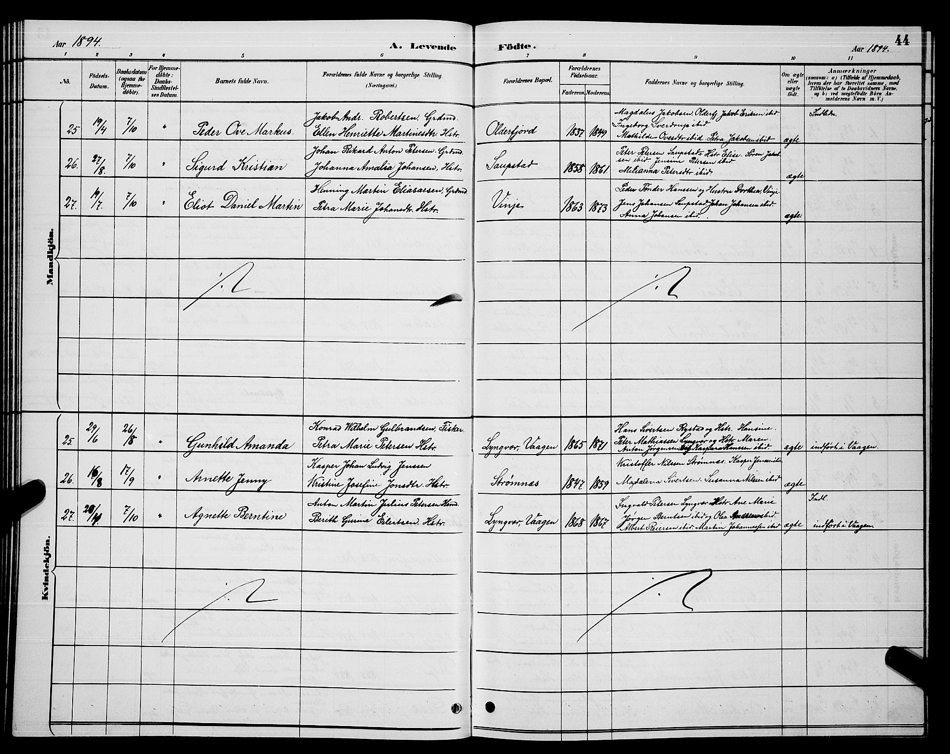 Ministerialprotokoller, klokkerbøker og fødselsregistre - Nordland, AV/SAT-A-1459/876/L1104: Parish register (copy) no. 876C03, 1886-1896, p. 44