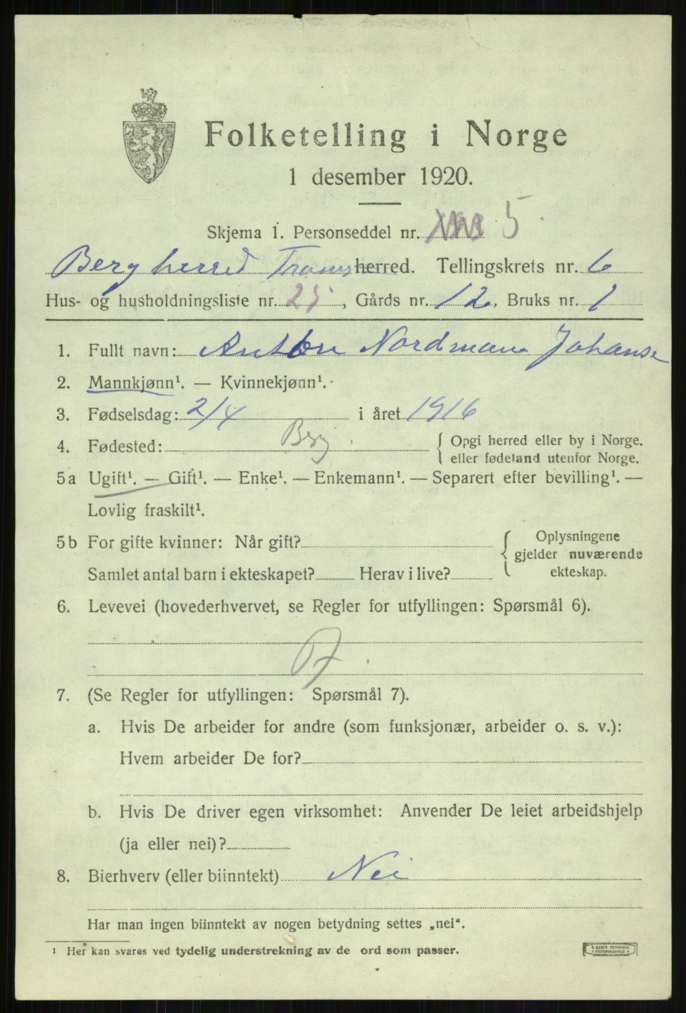 SATØ, 1920 census for Berg, 1920, p. 2428