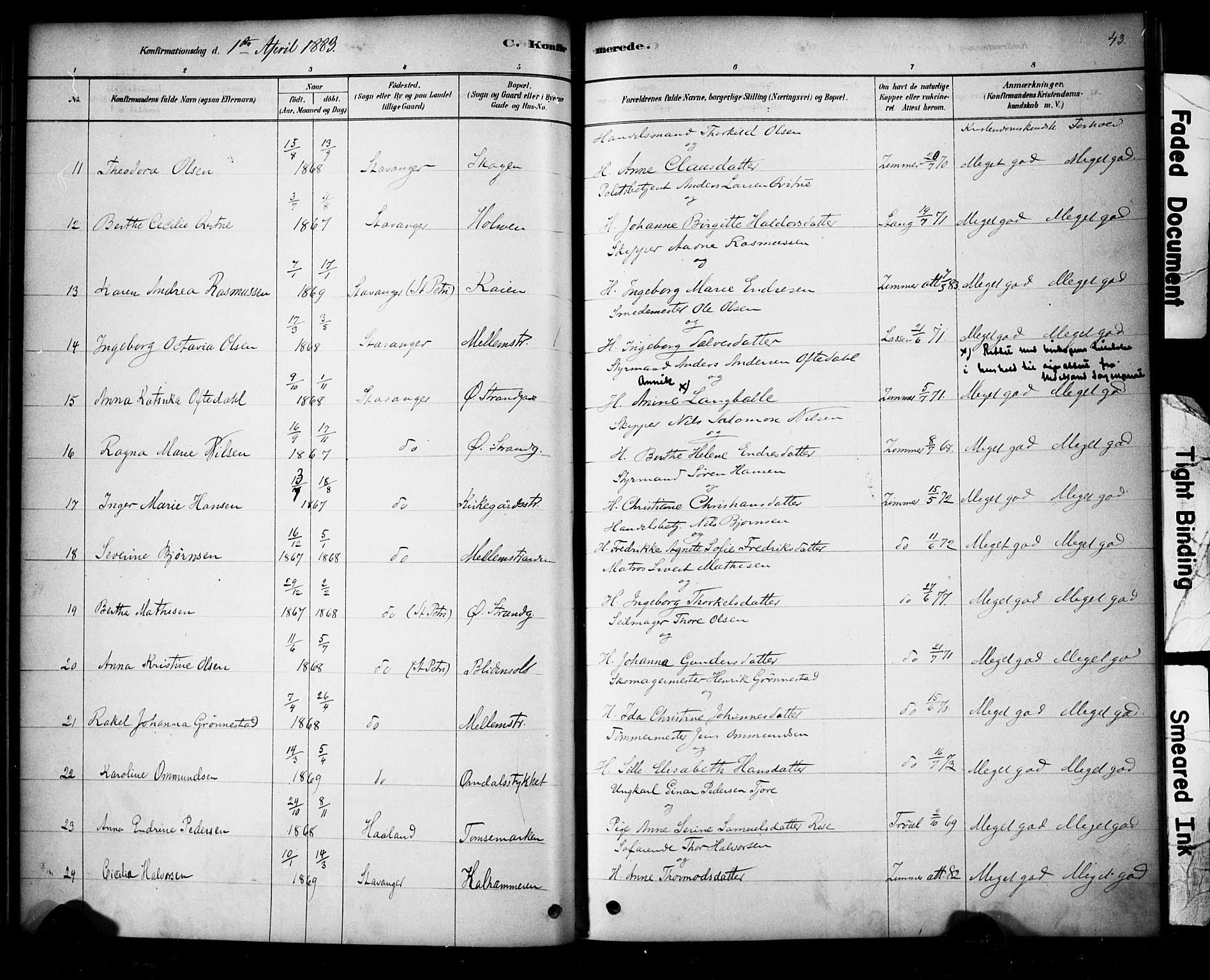 Domkirken sokneprestkontor, AV/SAST-A-101812/001/30/30BA/L0028: Parish register (official) no. A 27, 1878-1896, p. 43