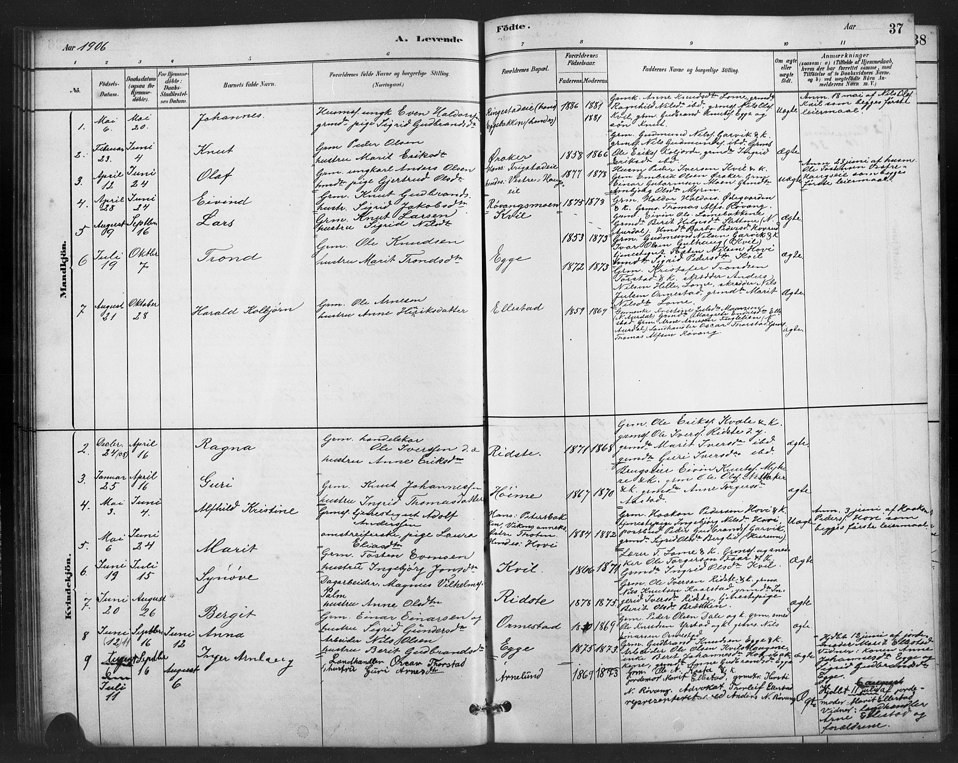 Vestre Slidre prestekontor, SAH/PREST-136/H/Ha/Hab/L0006: Parish register (copy) no. 6, 1881-1915, p. 37