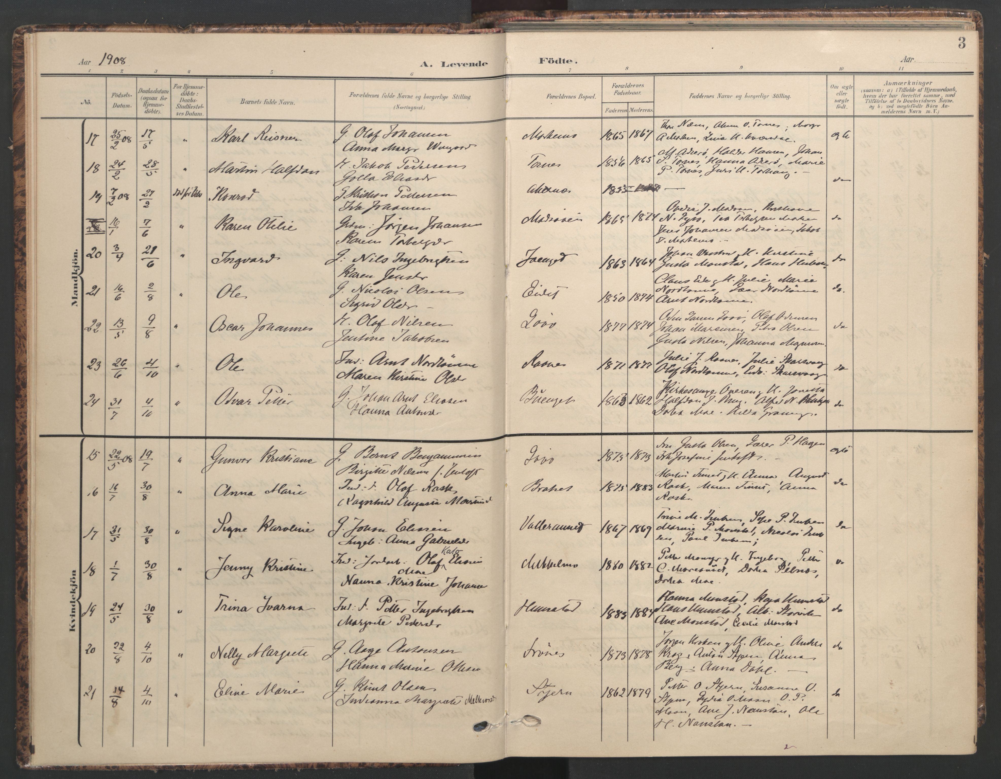 Ministerialprotokoller, klokkerbøker og fødselsregistre - Sør-Trøndelag, SAT/A-1456/655/L0682: Parish register (official) no. 655A11, 1908-1922, p. 3