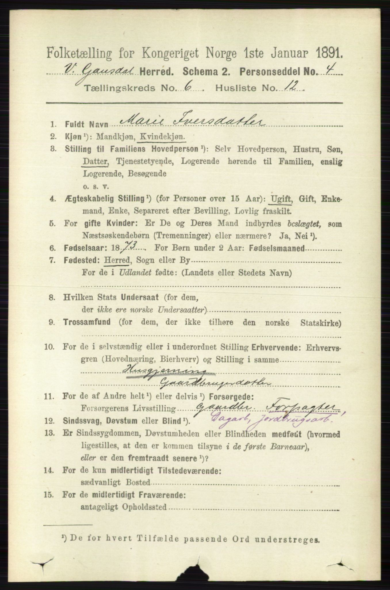 RA, 1891 census for 0523 Vestre Gausdal, 1891, p. 2633