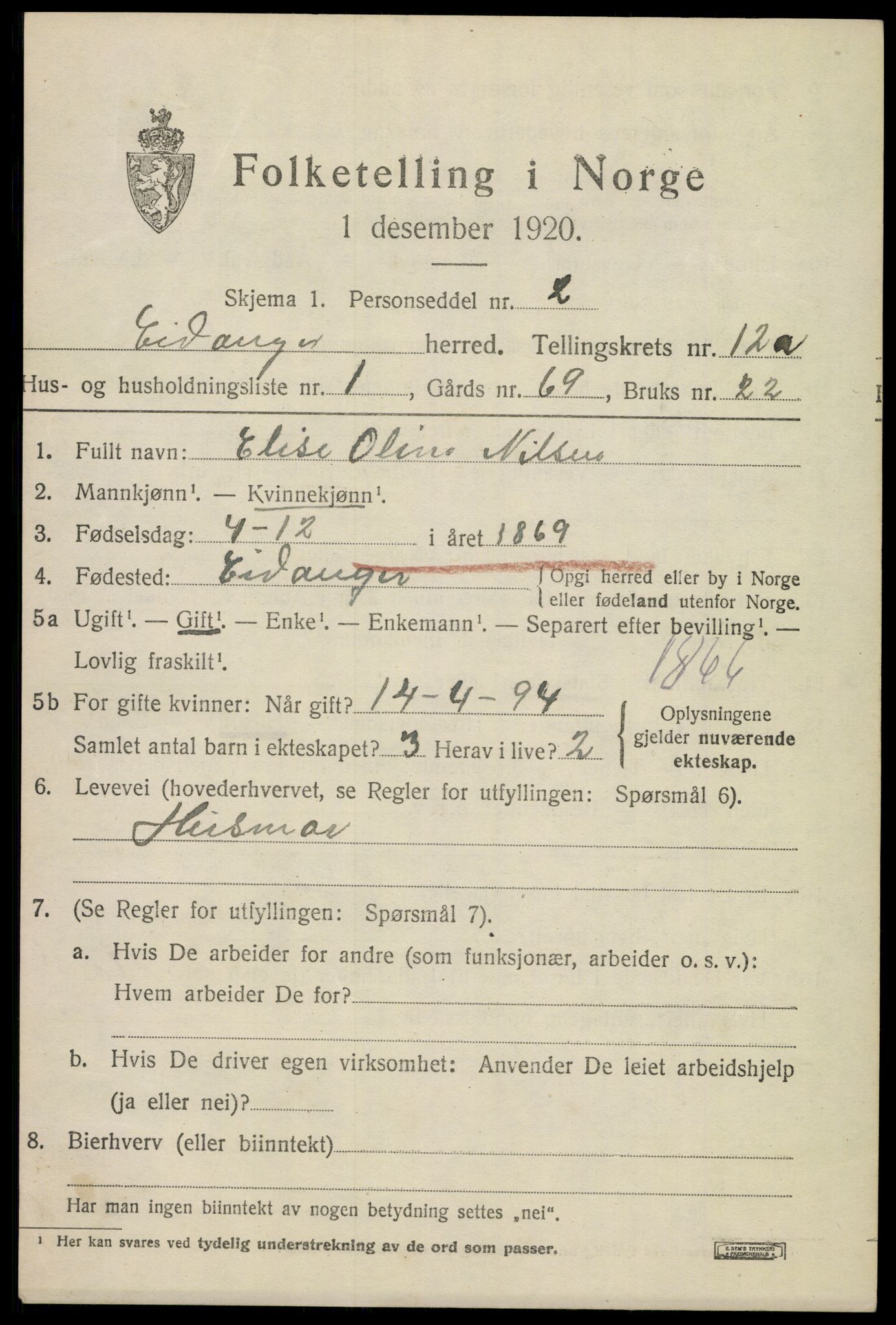 SAKO, 1920 census for Eidanger, 1920, p. 7196