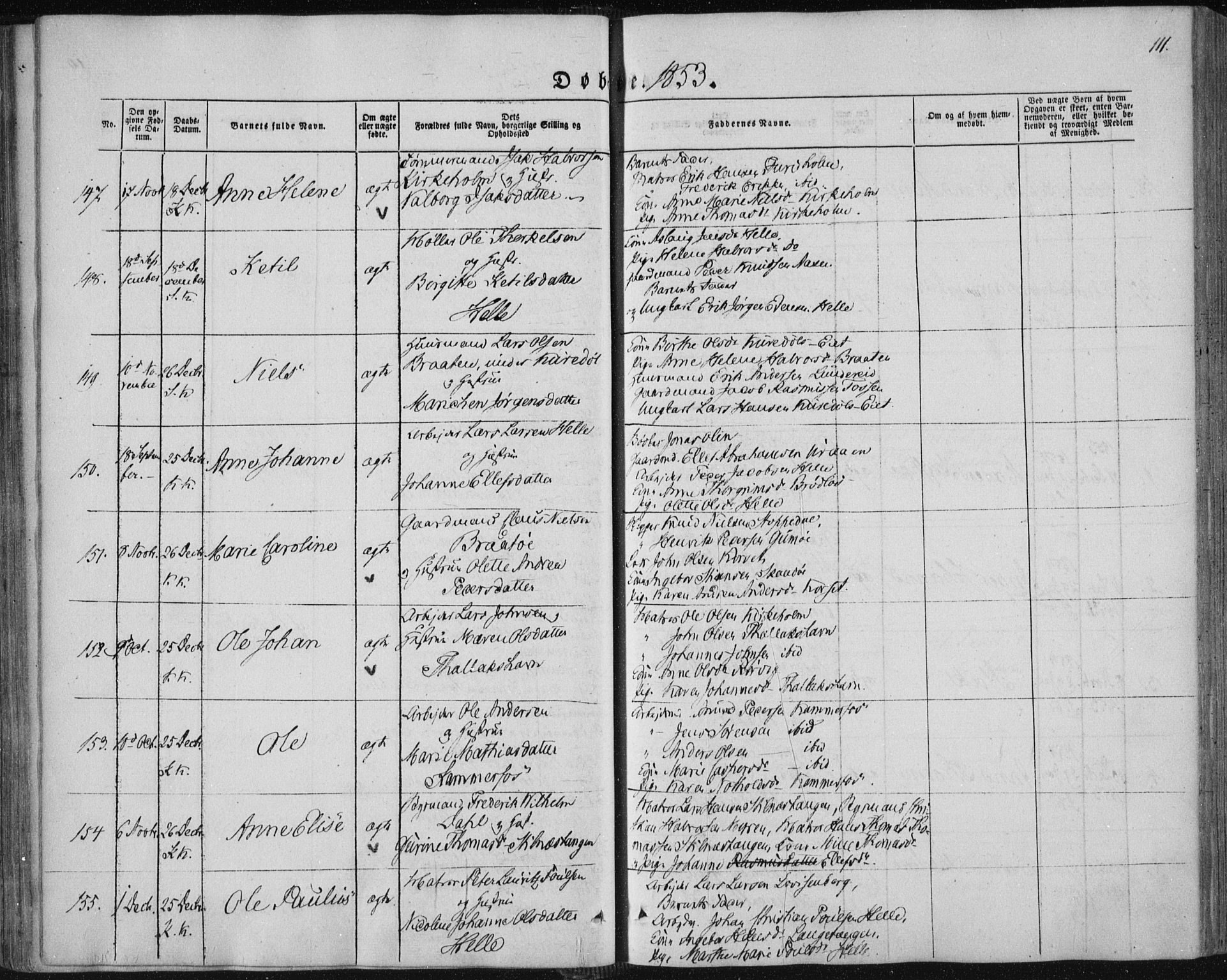 Sannidal kirkebøker, AV/SAKO-A-296/F/Fa/L0008: Parish register (official) no. 8, 1847-1862, p. 111