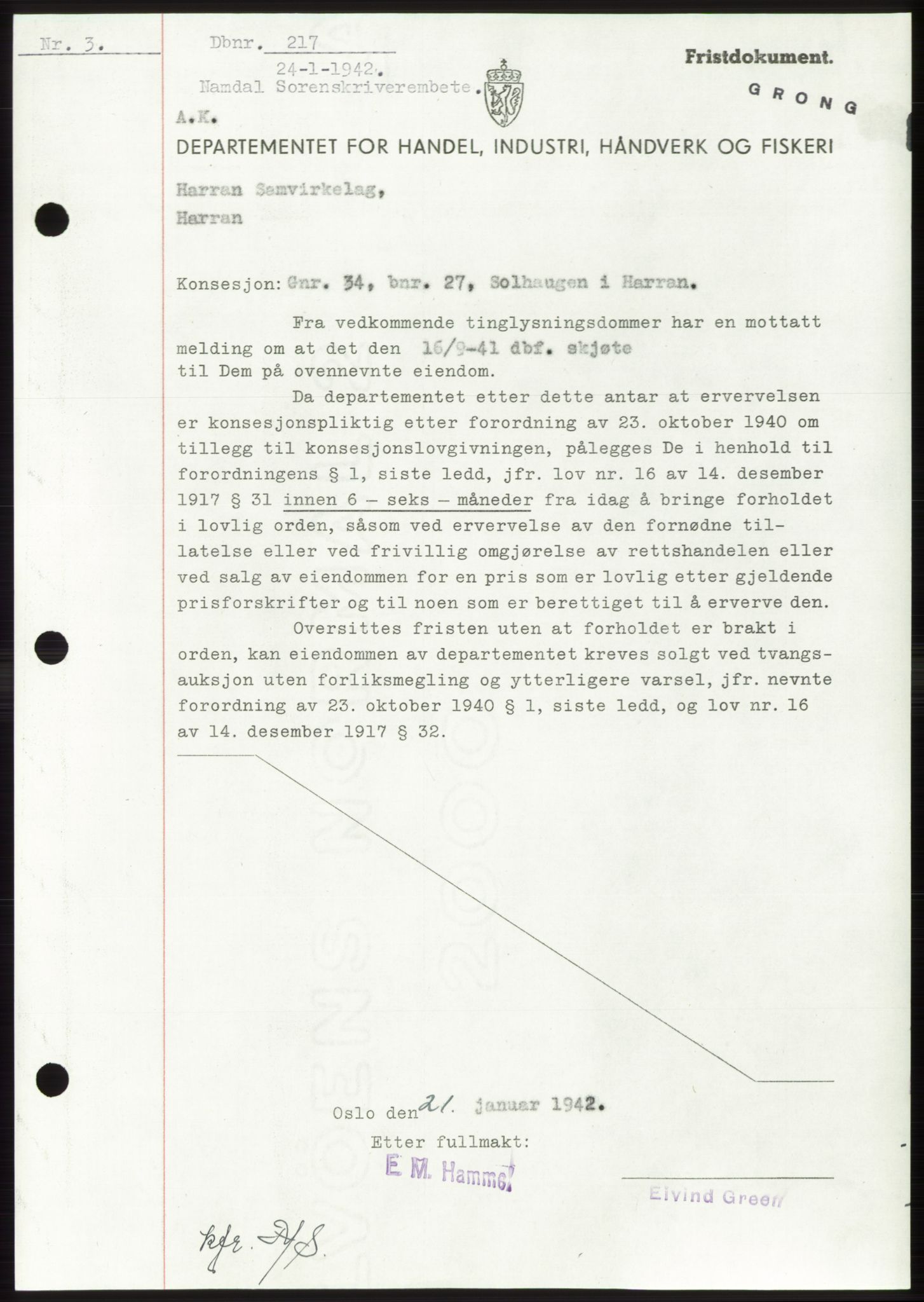 Namdal sorenskriveri, SAT/A-4133/1/2/2C: Mortgage book no. -, 1941-1942, Diary no: : 217/1942