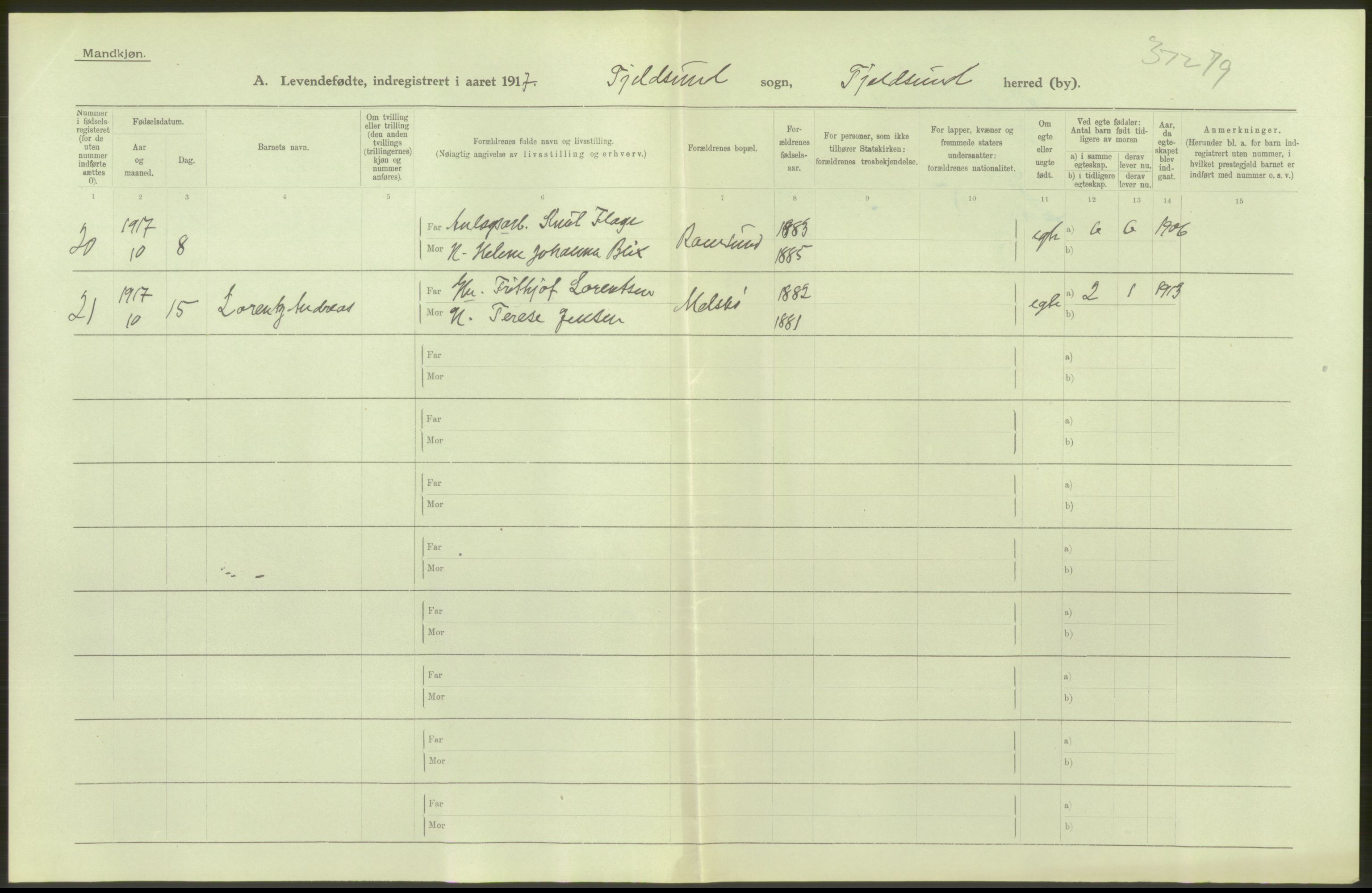 Statistisk sentralbyrå, Sosiodemografiske emner, Befolkning, RA/S-2228/D/Df/Dfb/Dfbg/L0050: Nordlands amt: Levendefødte menn og kvinner. Bygder., 1917, p. 6