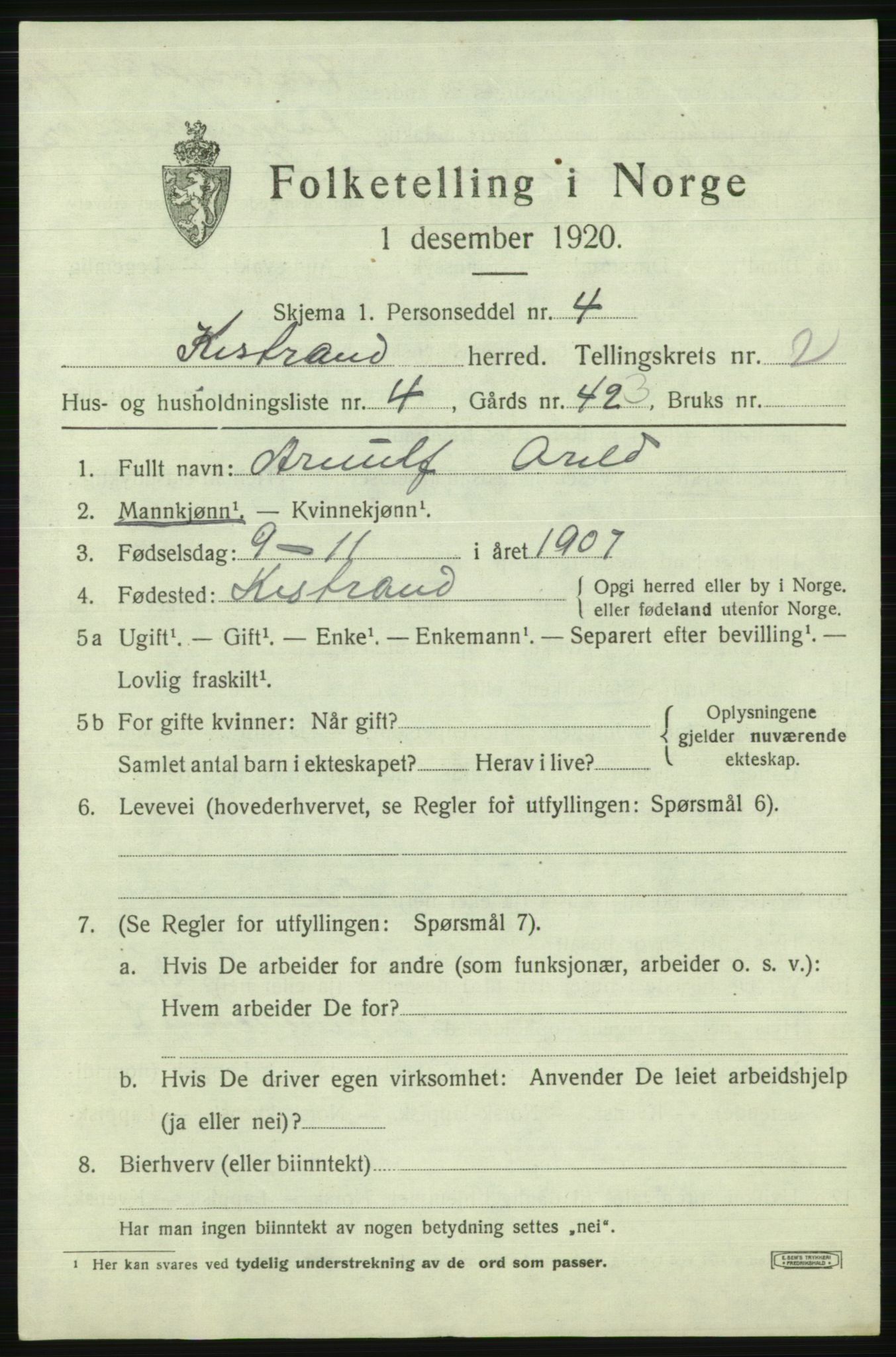 SATØ, 1920 census for Kistrand, 1920, p. 1524