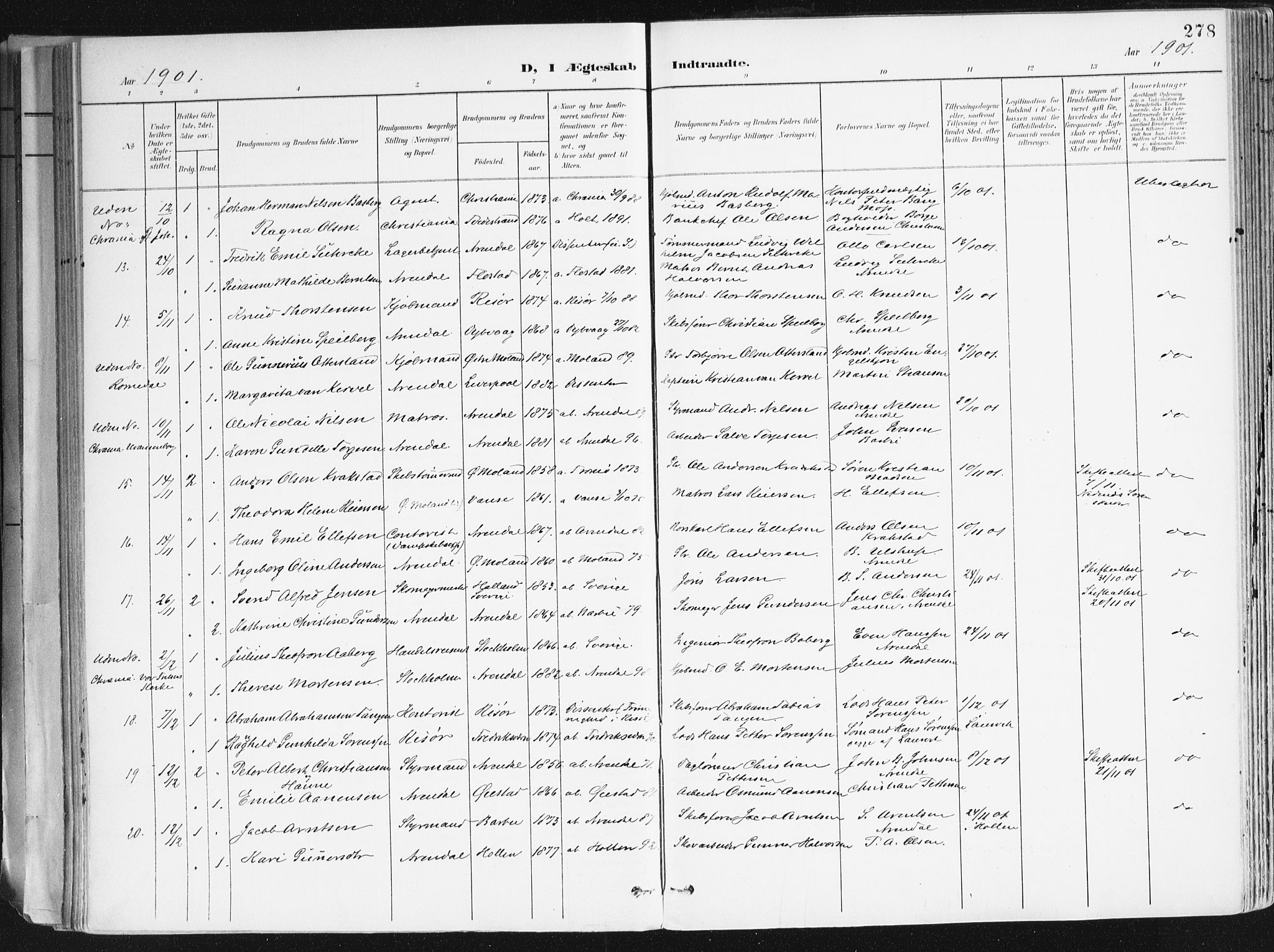 Arendal sokneprestkontor, Trefoldighet, AV/SAK-1111-0040/F/Fa/L0010: Parish register (official) no. A 10, 1900-1919, p. 278
