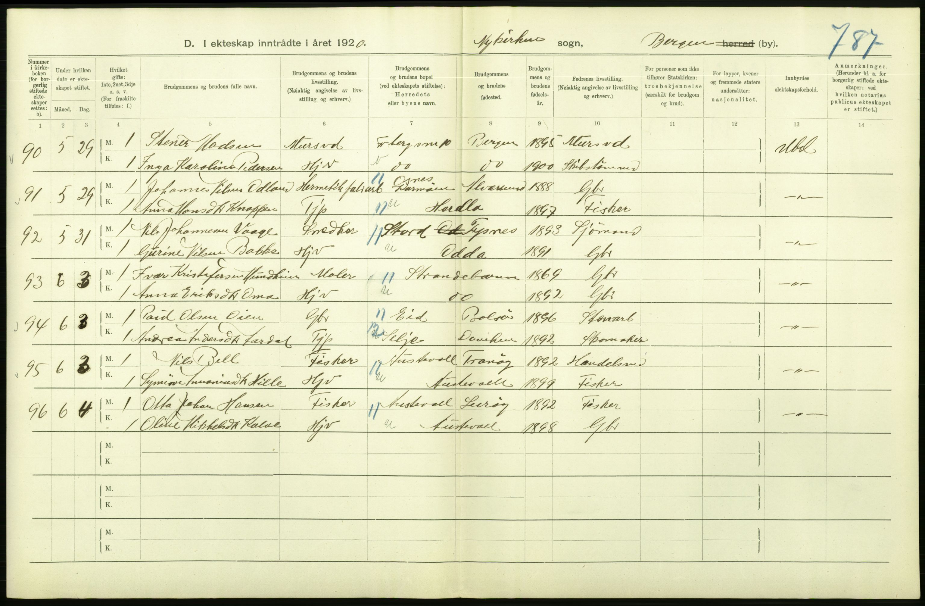 Statistisk sentralbyrå, Sosiodemografiske emner, Befolkning, AV/RA-S-2228/D/Df/Dfb/Dfbj/L0042: Bergen: Gifte, døde, dødfødte., 1920, p. 134