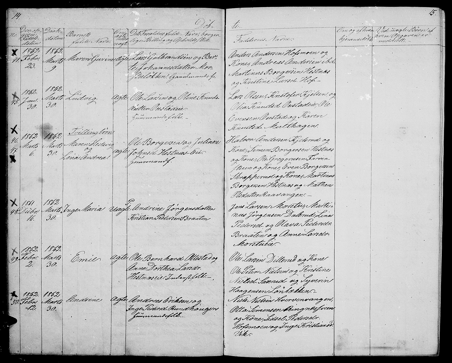 Stange prestekontor, AV/SAH-PREST-002/L/L0004: Parish register (copy) no. 4, 1861-1869, p. 14-15