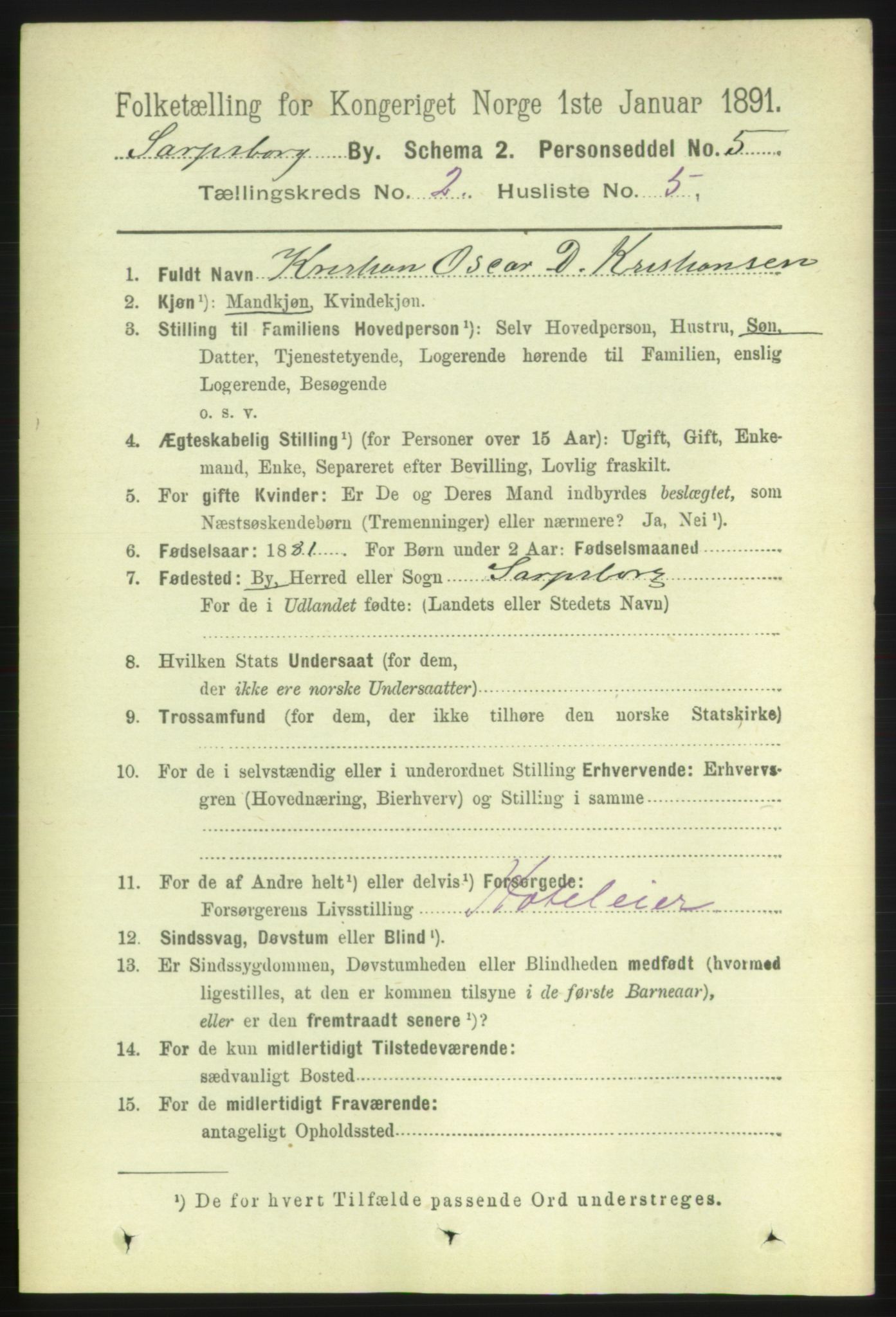 RA, 1891 census for 0102 Sarpsborg, 1891, p. 1303