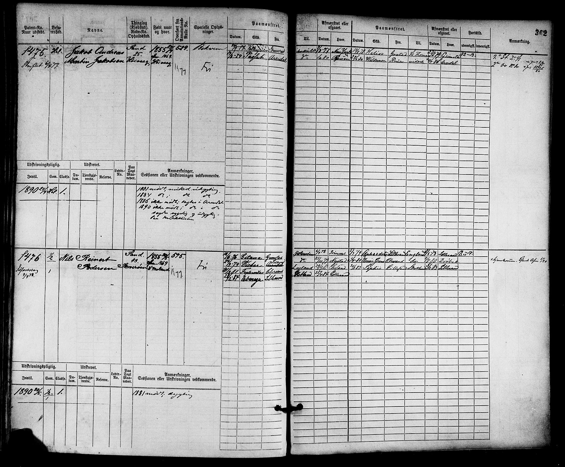 Lillesand mønstringskrets, AV/SAK-2031-0014/F/Fb/L0013: Hovedrulle nr 755-1516 uten register, G-4, 1869-1920, p. 375