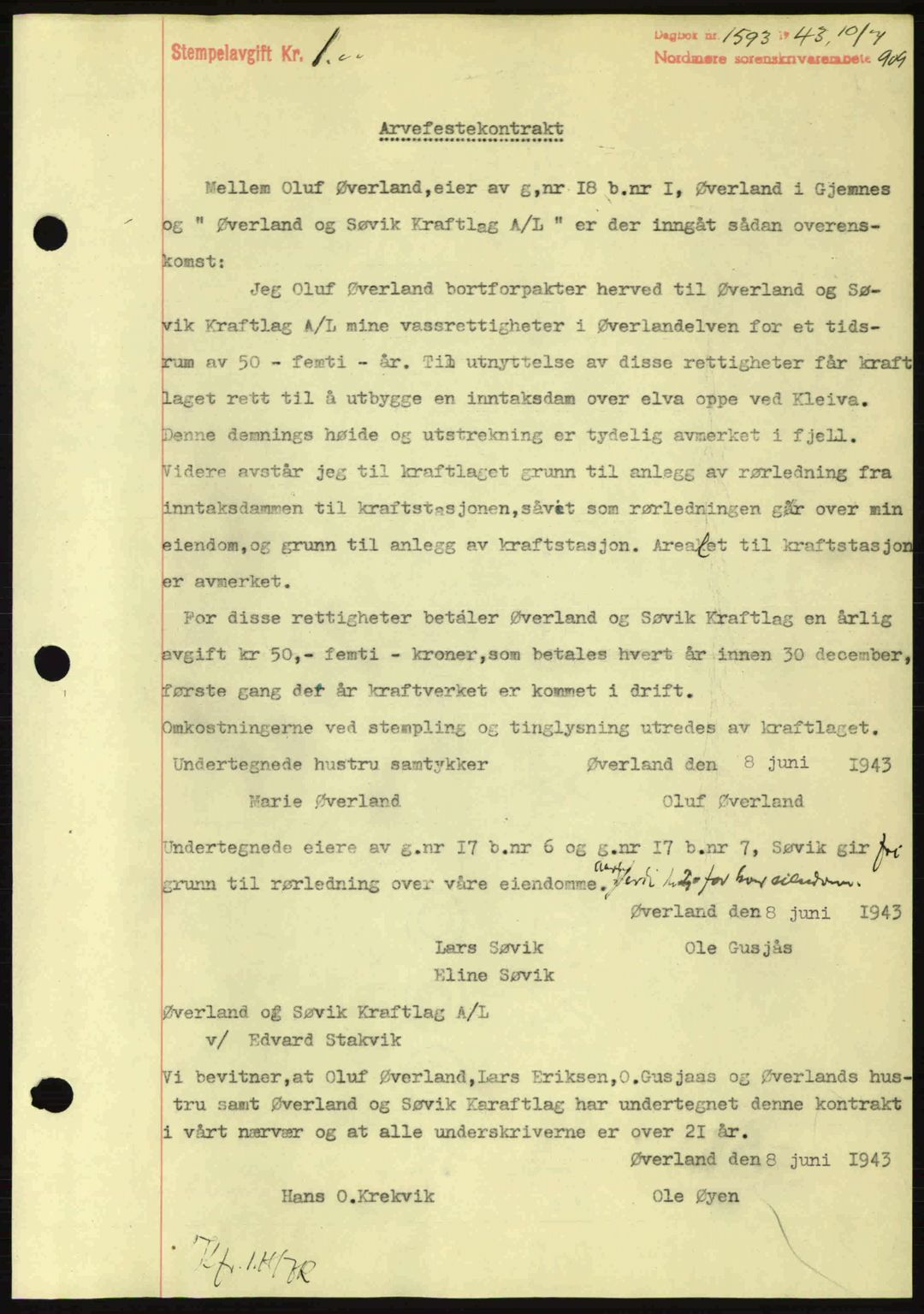 Nordmøre sorenskriveri, AV/SAT-A-4132/1/2/2Ca: Mortgage book no. B90, 1942-1943, Diary no: : 1593/1943