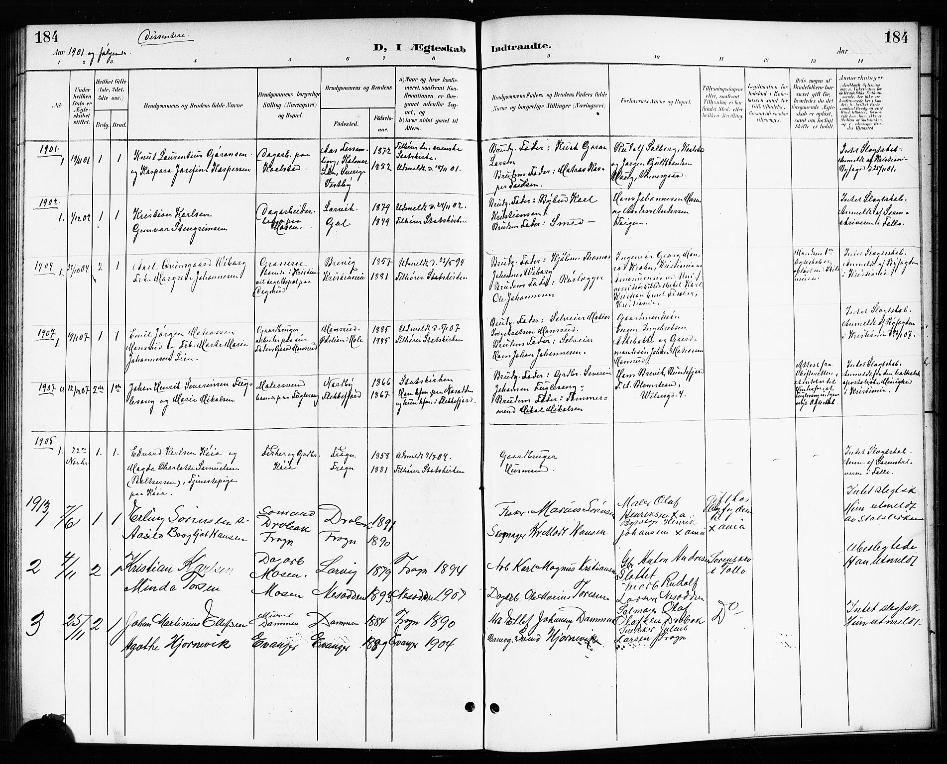 Drøbak prestekontor Kirkebøker, SAO/A-10142a/G/Gb/L0001: Parish register (copy) no. II 1, 1901-1919, p. 184