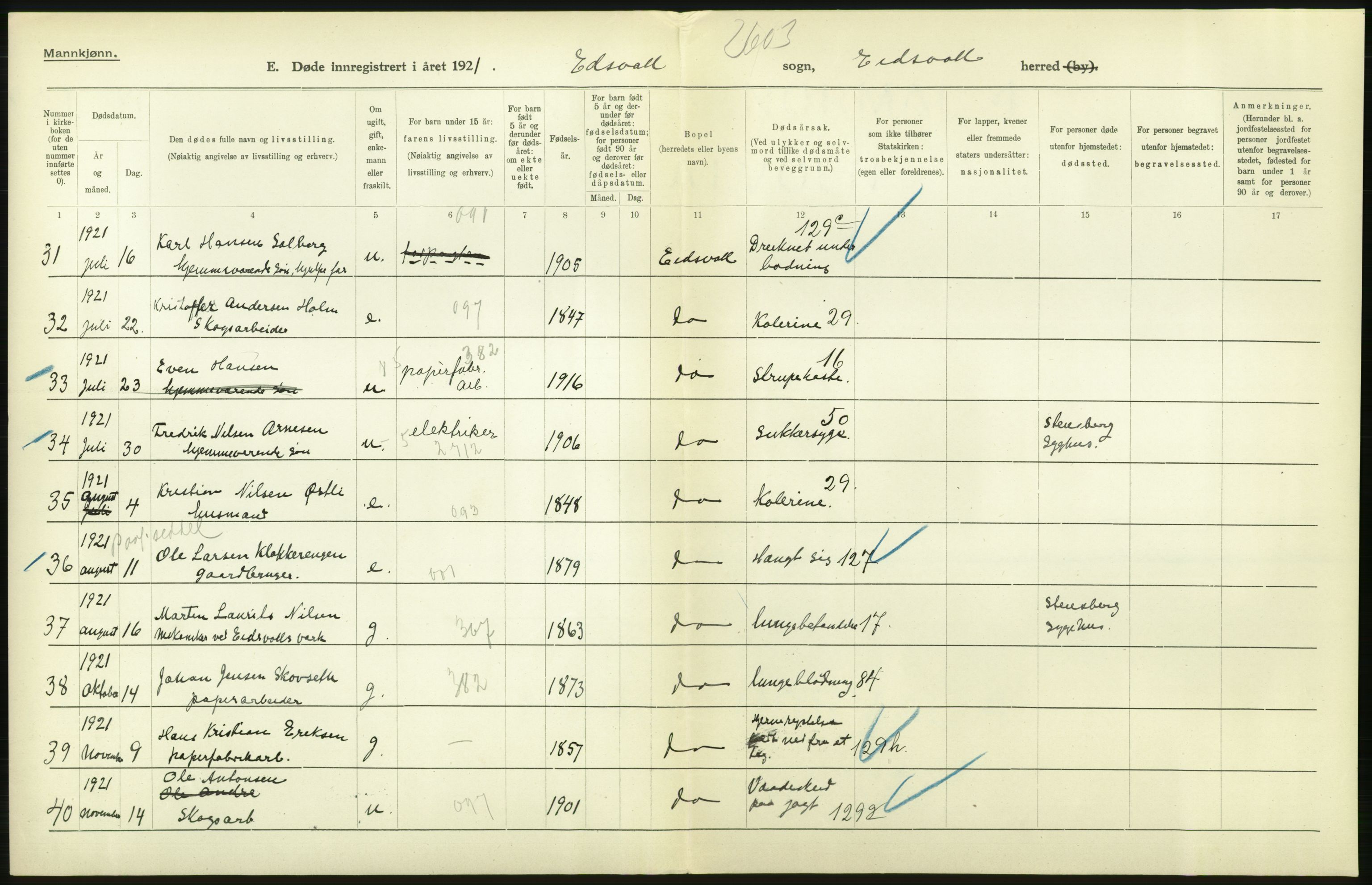 Statistisk sentralbyrå, Sosiodemografiske emner, Befolkning, AV/RA-S-2228/D/Df/Dfc/Dfca/L0007: Akershus fylke: Døde. Bygder og byer., 1921, p. 478