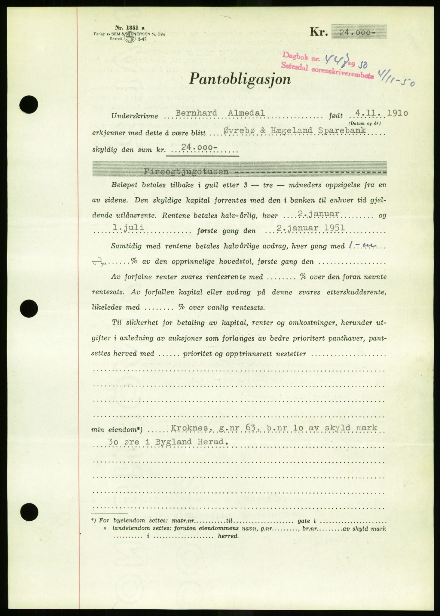 Setesdal sorenskriveri, SAK/1221-0011/G/Gb/L0050: Mortgage book no. B 38, 1949-1952, Diary no: : 447/1950